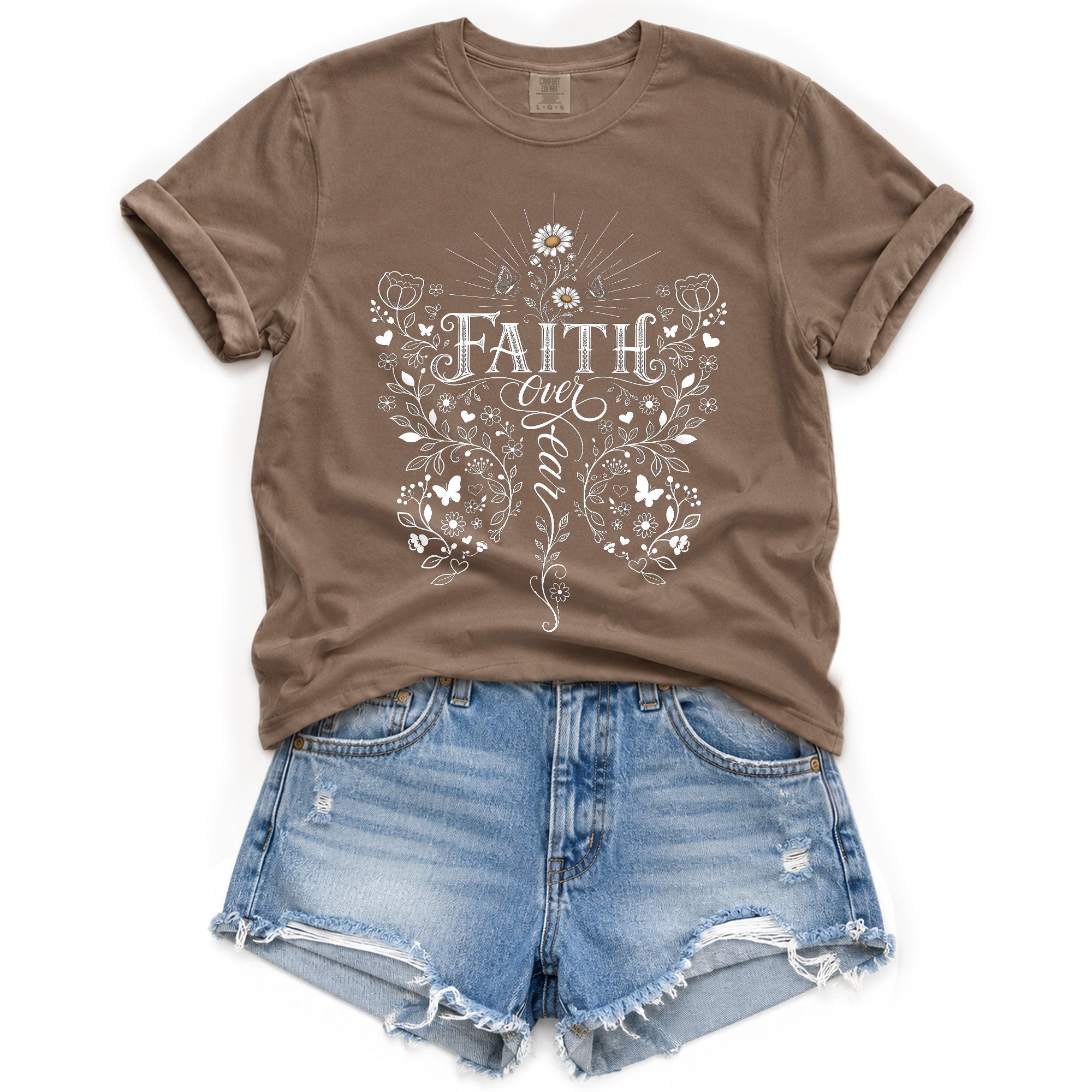 Faith Over Fear Butterfly Floral Christian Graphic Casual Crewneck Tee Shirt Women