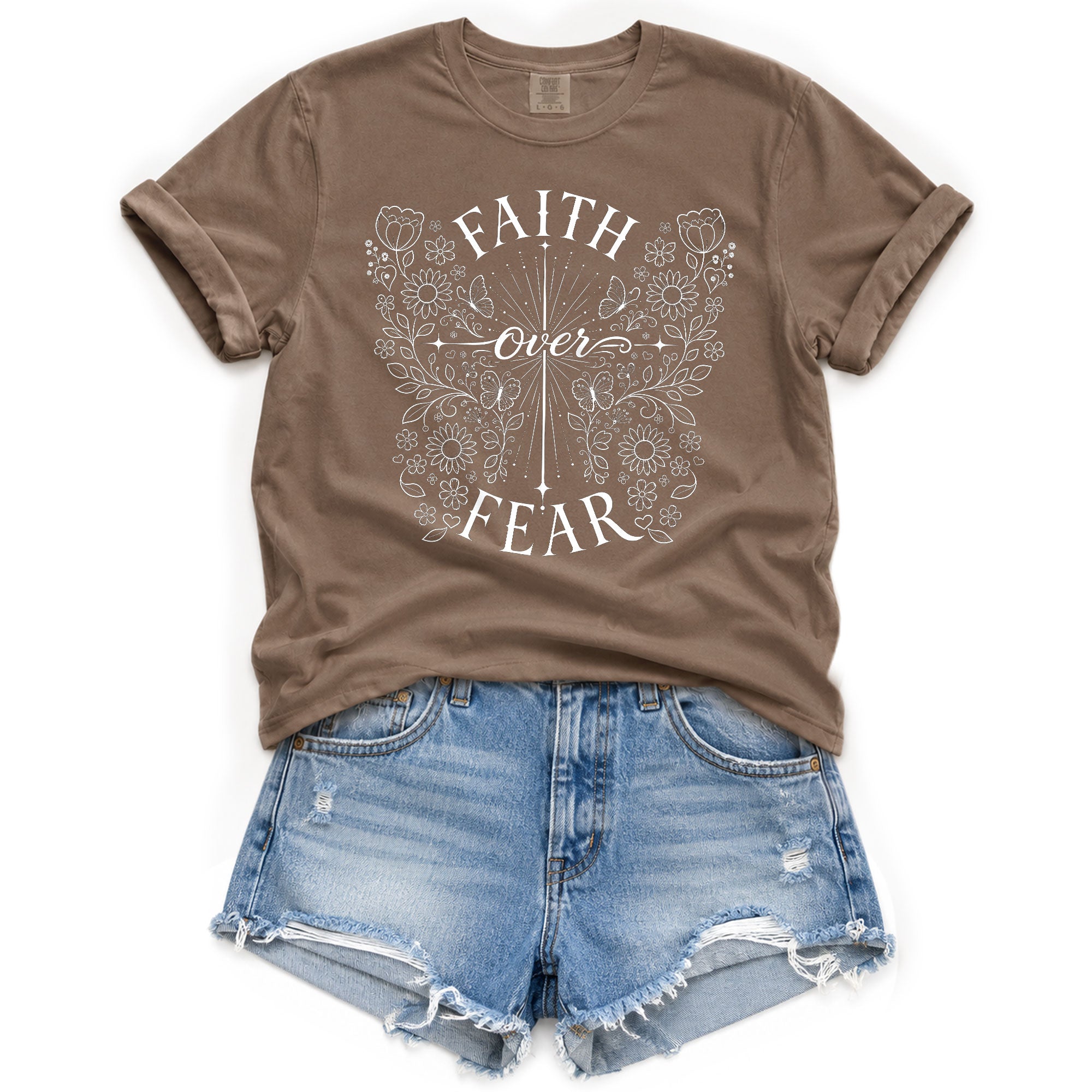 Faith Over Fear Shirt Christian Women Butterfly Floral Line Art Shirt Cross Jesus Graphic Tee