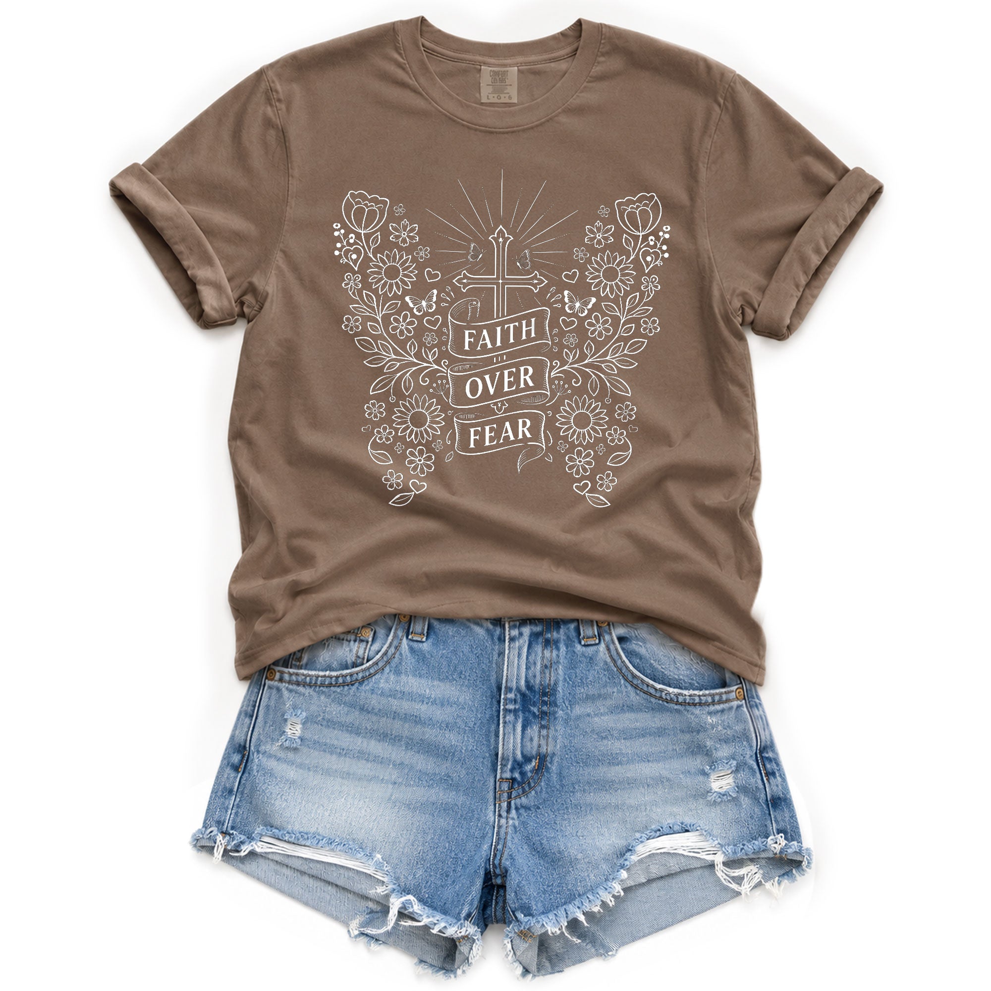 Faith Over Fear Shirt Christian Women Shirt Floral Butterfly Cross Aesthetic Jesus Tee