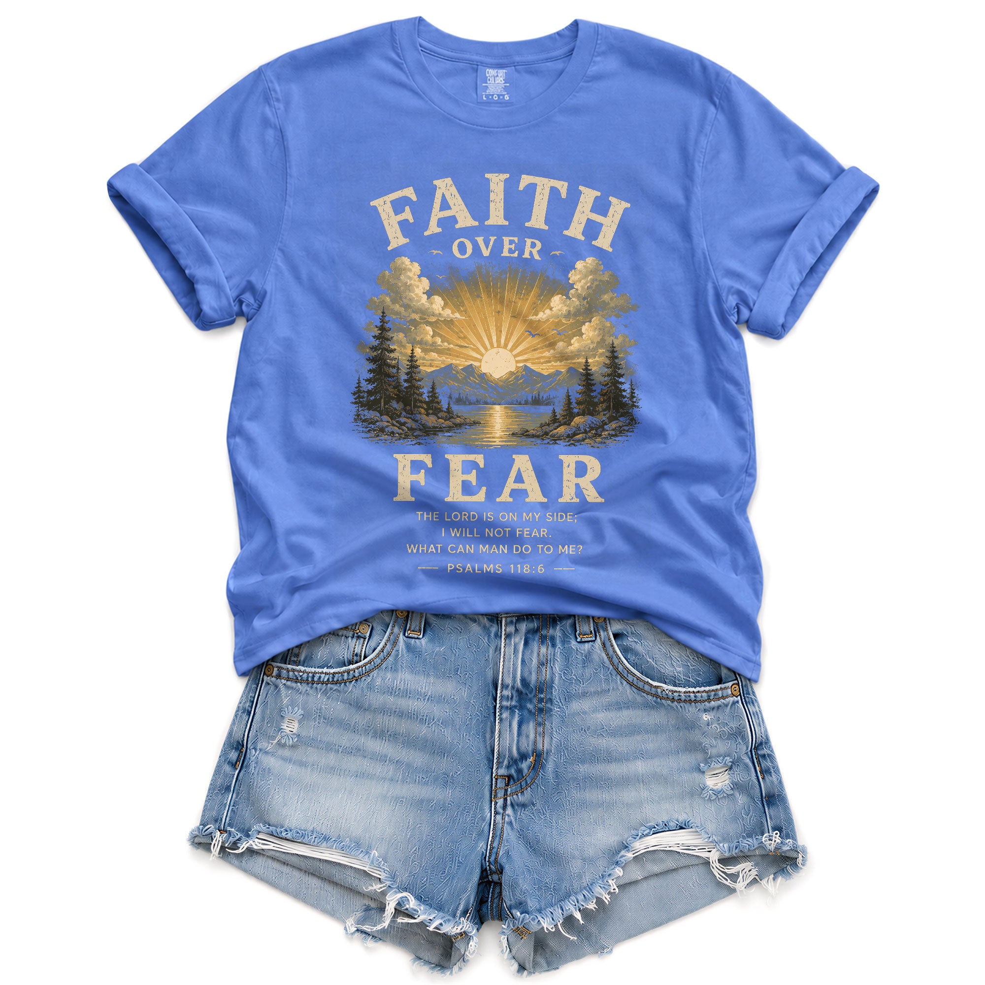 Faith Over Fear Christian Women Shirt Vintage Mountain Sunset Bible Verse T-Shirt