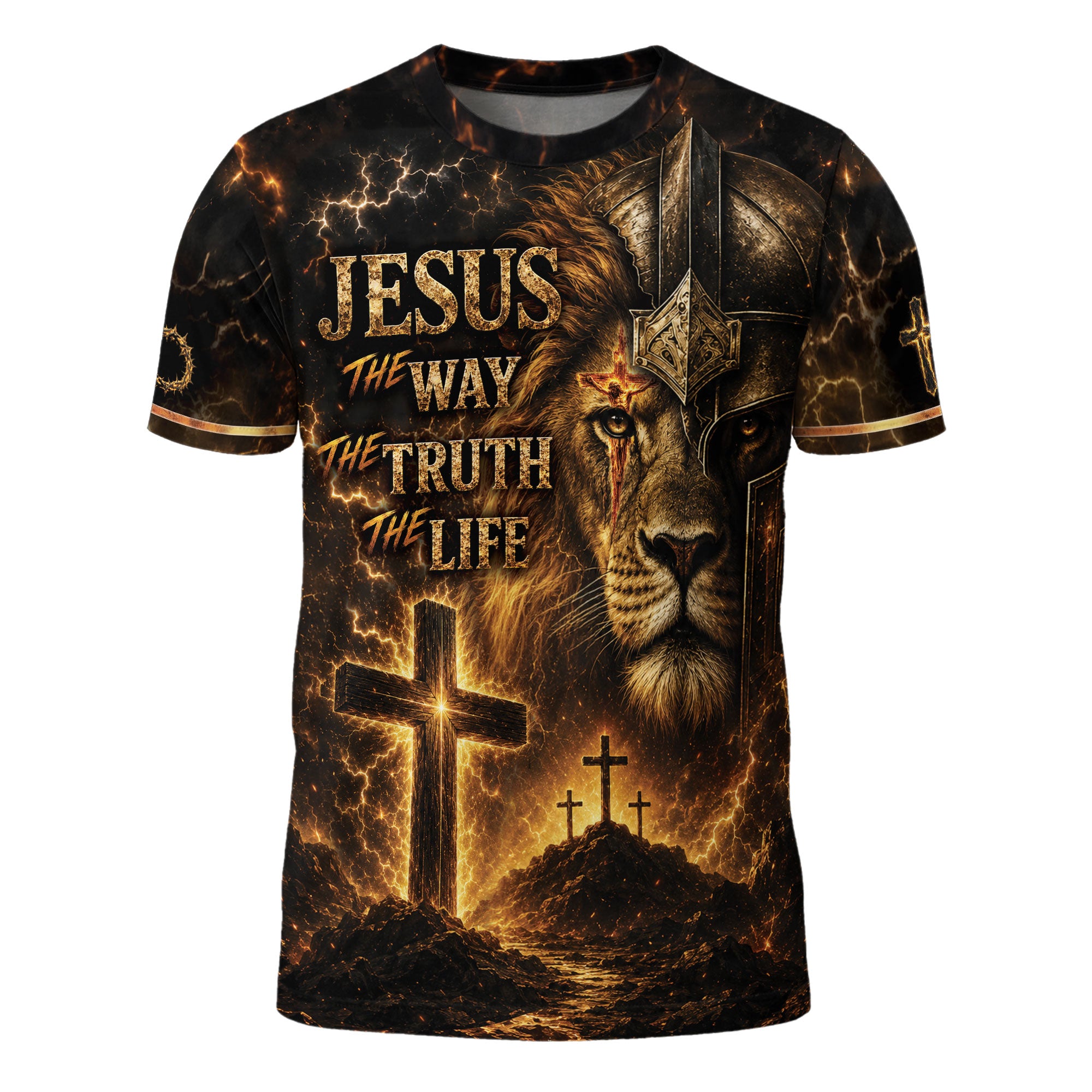 Jesus The Way The Truth The Life Lion Warrior Cross Christian 3D Graphic Tee Shirt Men