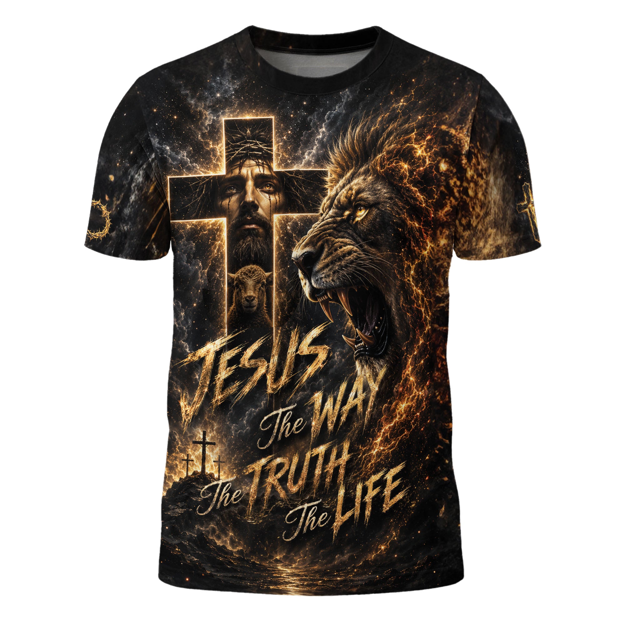 Jesus The Way The Truth The Life Lion Lamb Cross Christian 3D Graphic Tee Shirt Men