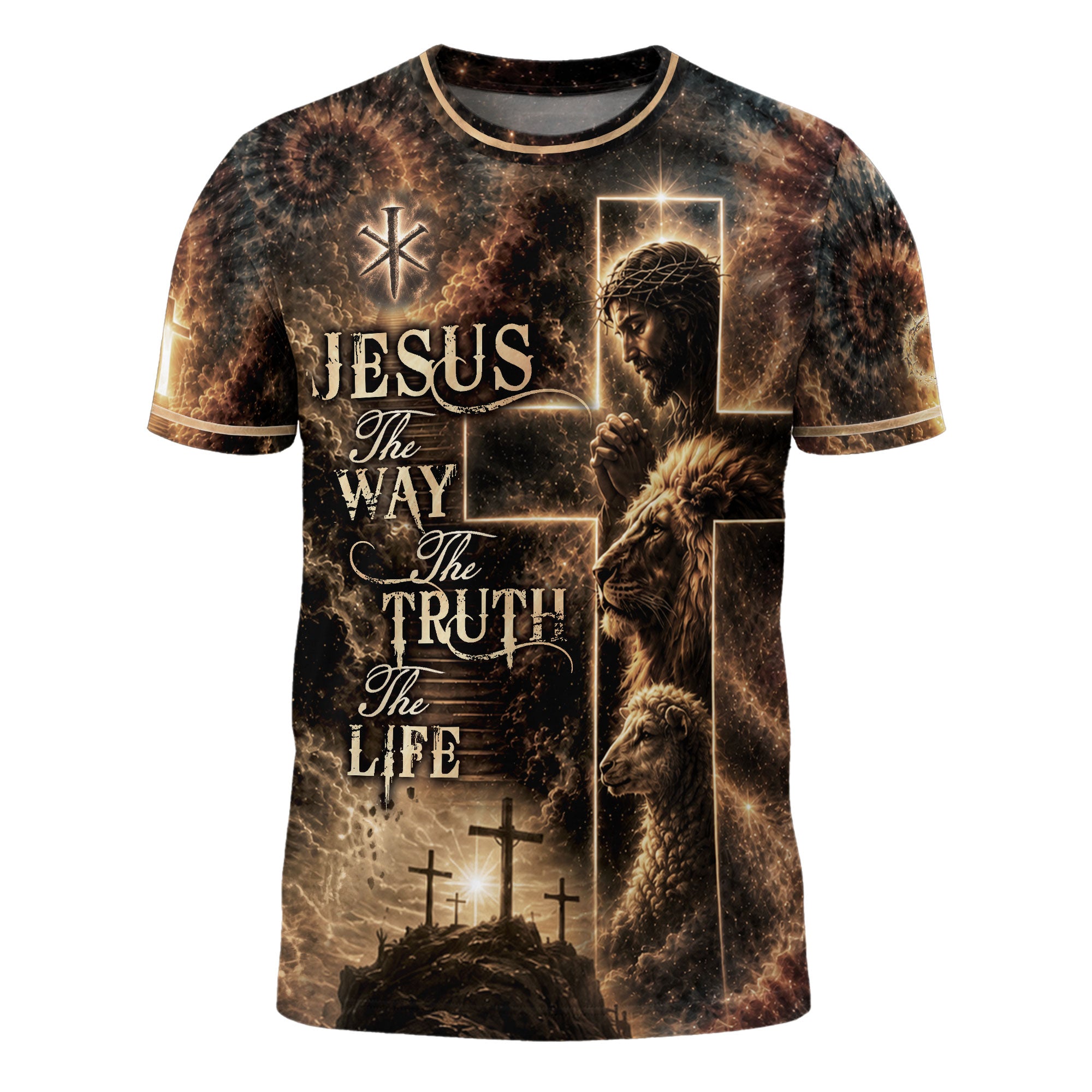 Jesus The Way The Truth The Life Christian Lion Lamb Cross 3D Graphic Shirt for Men