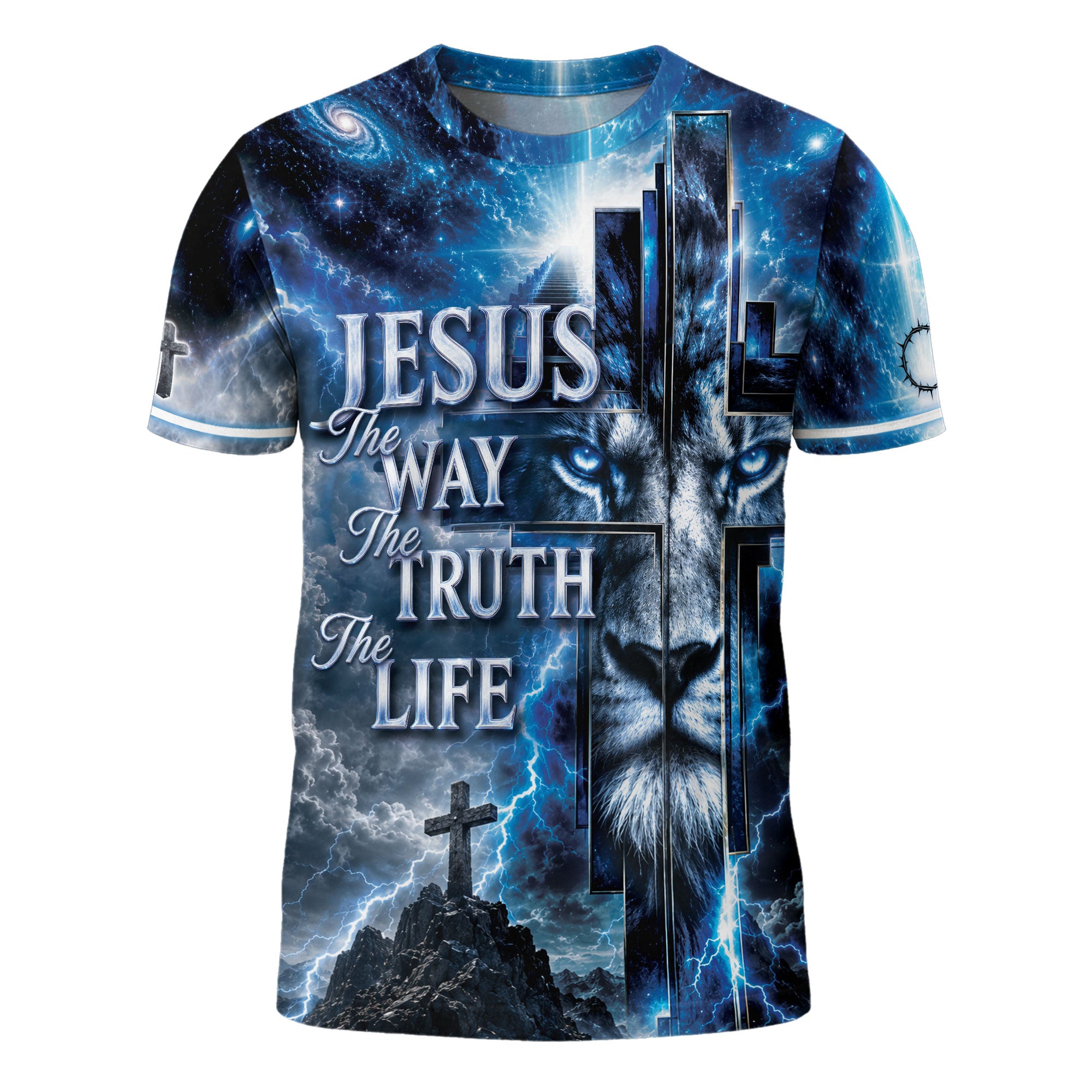 Jesus The Way The Truth The Life Blue Lion Cross Christian 3D Graphic Tee Shirt Men