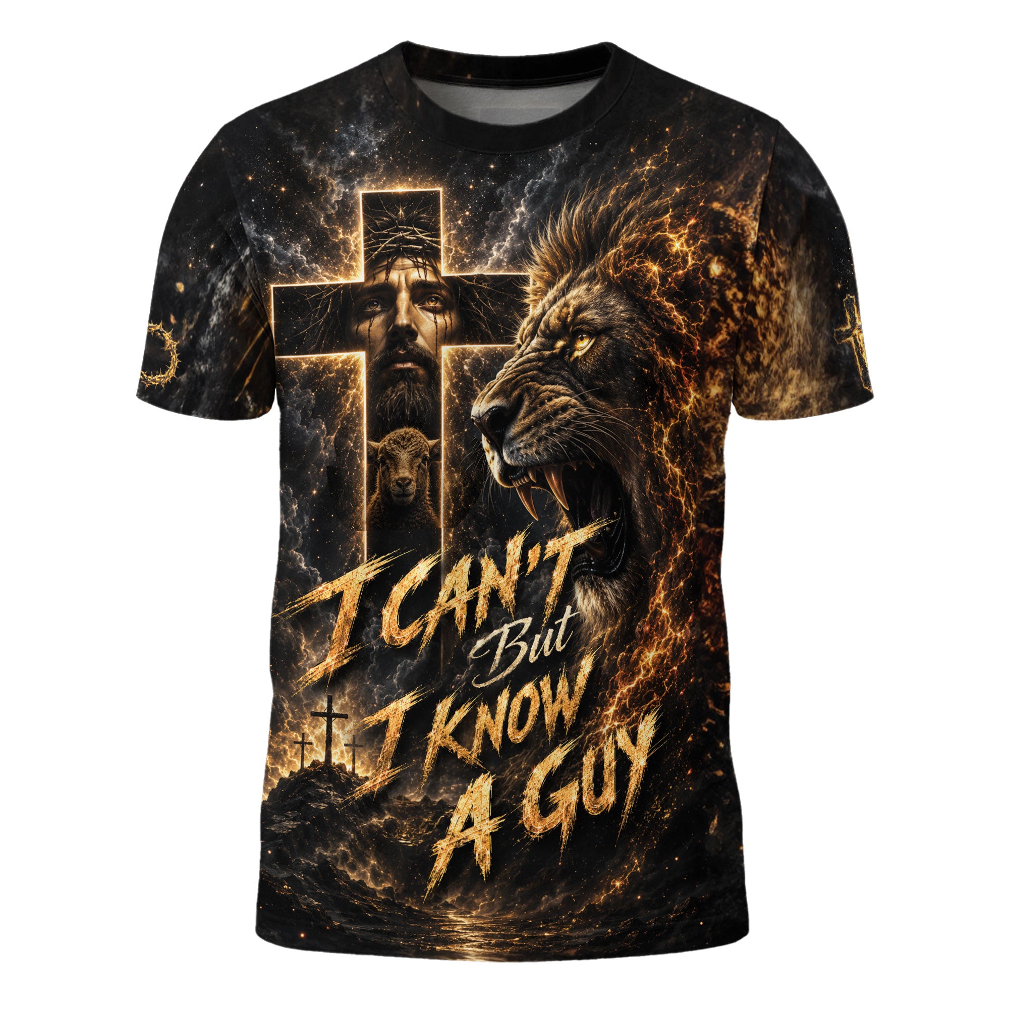 I Cant But I Know A Guy Jesus Lion Cross Christian 3D Graphic Crewneck Shirt For Men