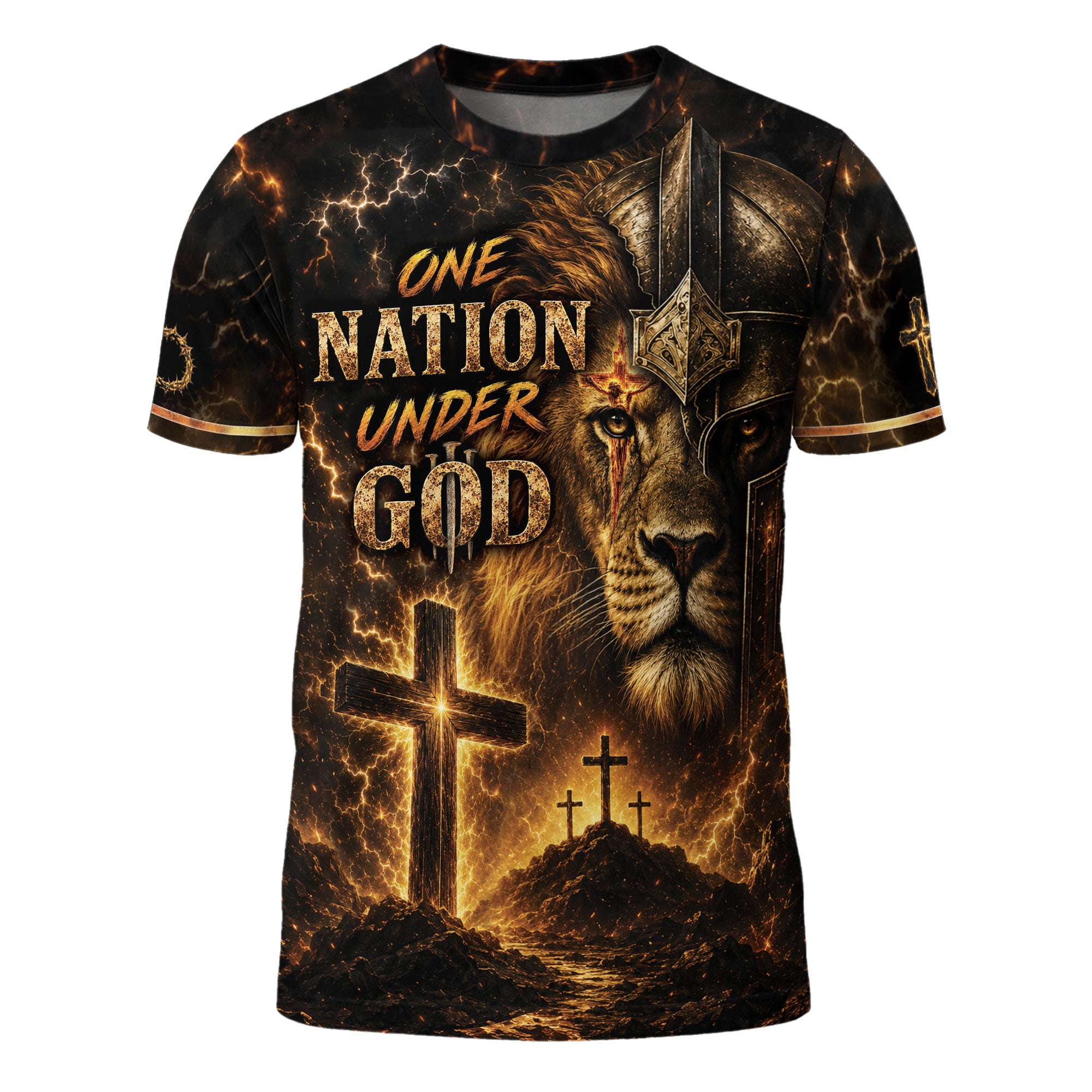 One Nation Under God T Shirt 3D Christian Lion Helmet Armor Cross Patriotic Shirt