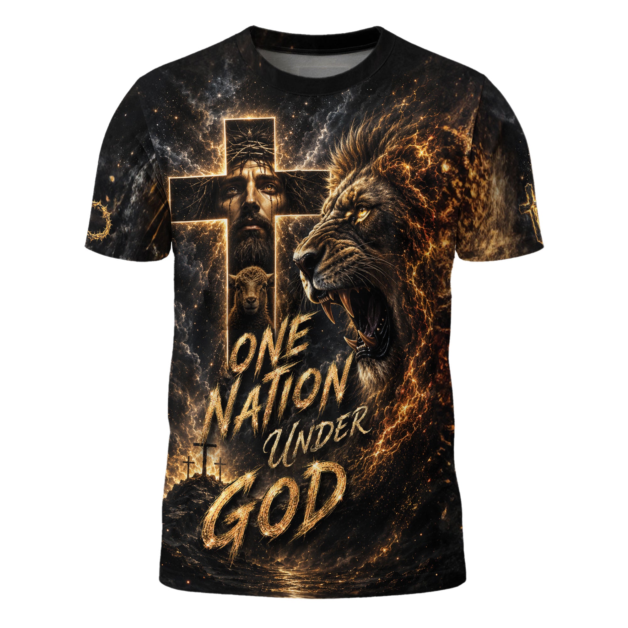 One Nation Under God T Shirt 3D Christian Jesus Lion Lamb Cross Graphic Tee Shirt