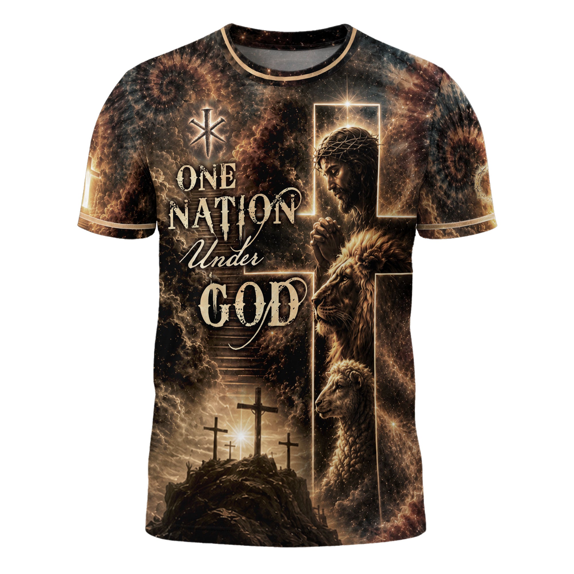 One Nation Under God T Shirt 3D Christian Praying Jesus Lion Lamb Cross Graphic Tee