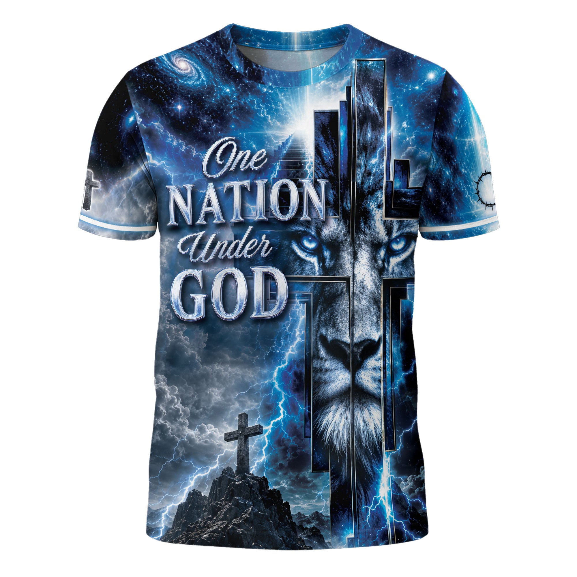 One Nation Under God T Shirt 3D Christian Blue Lion Cross Graphic Lightning Tee