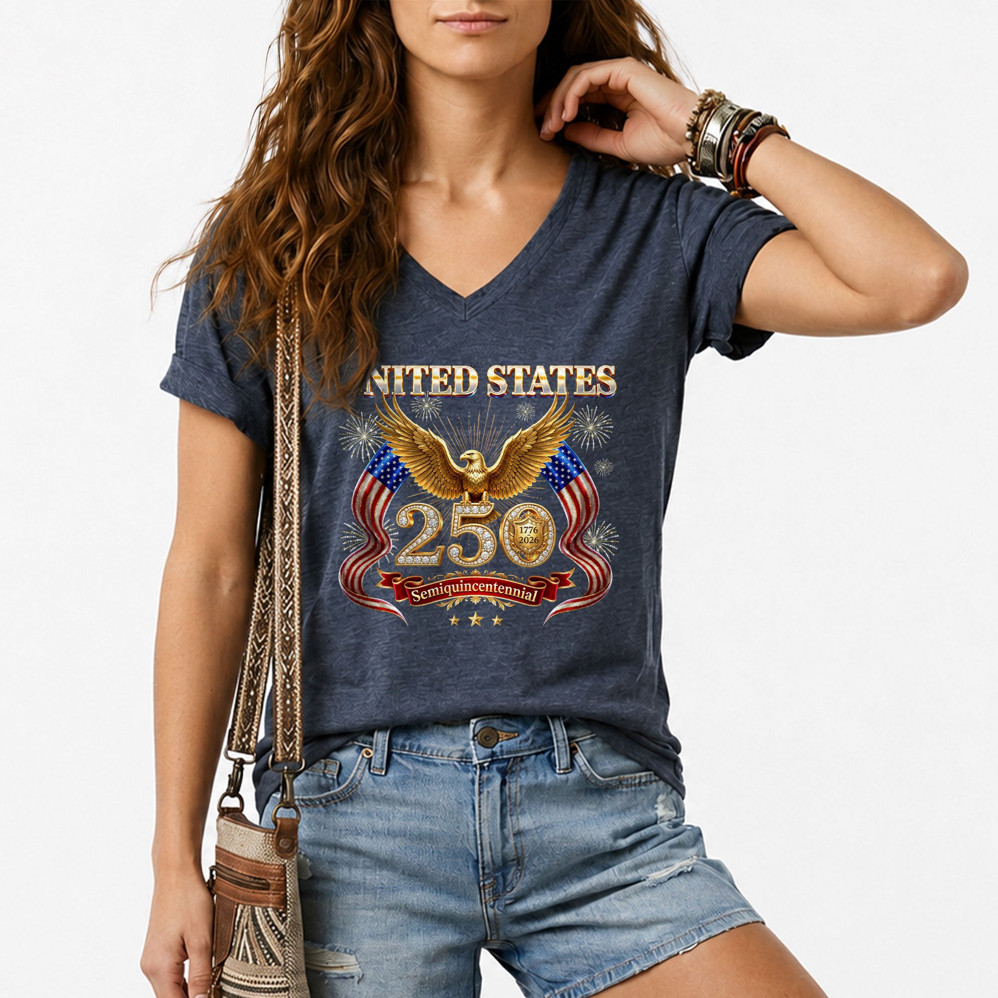 United States 250 Year Anniversary T Shirt Patriotic American V Neck Graphic Tee Unisex