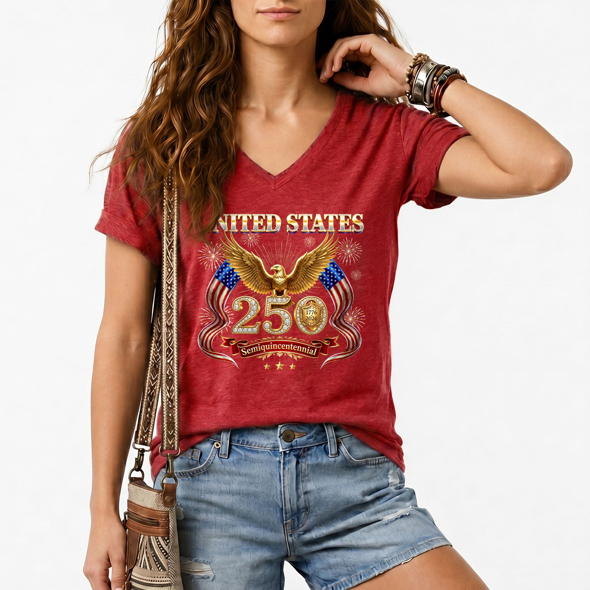 United States 250 Year Anniversary T Shirt Patriotic American V Neck Graphic Tee Unisex