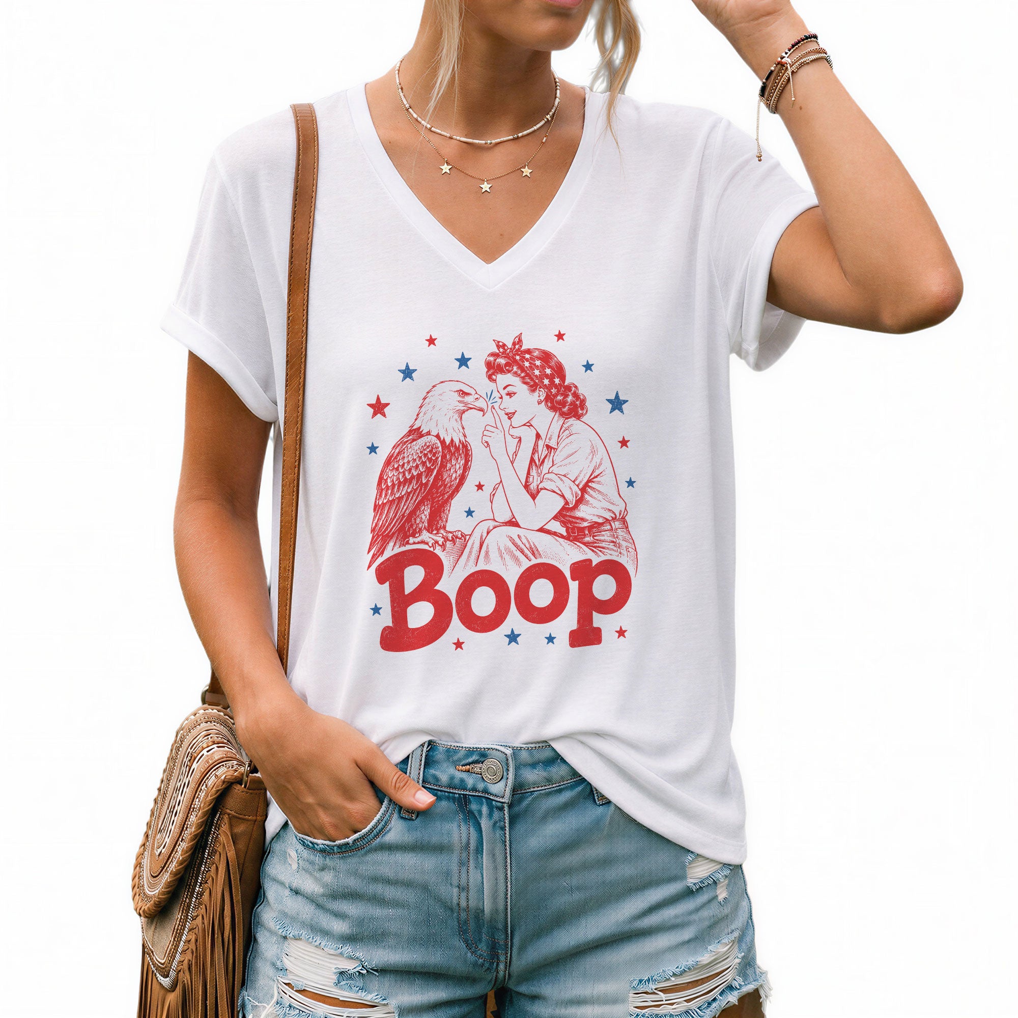 Boop Eagle V-Neck T-Shirt Women Patriotic Vintage Graphic Tee Retro American