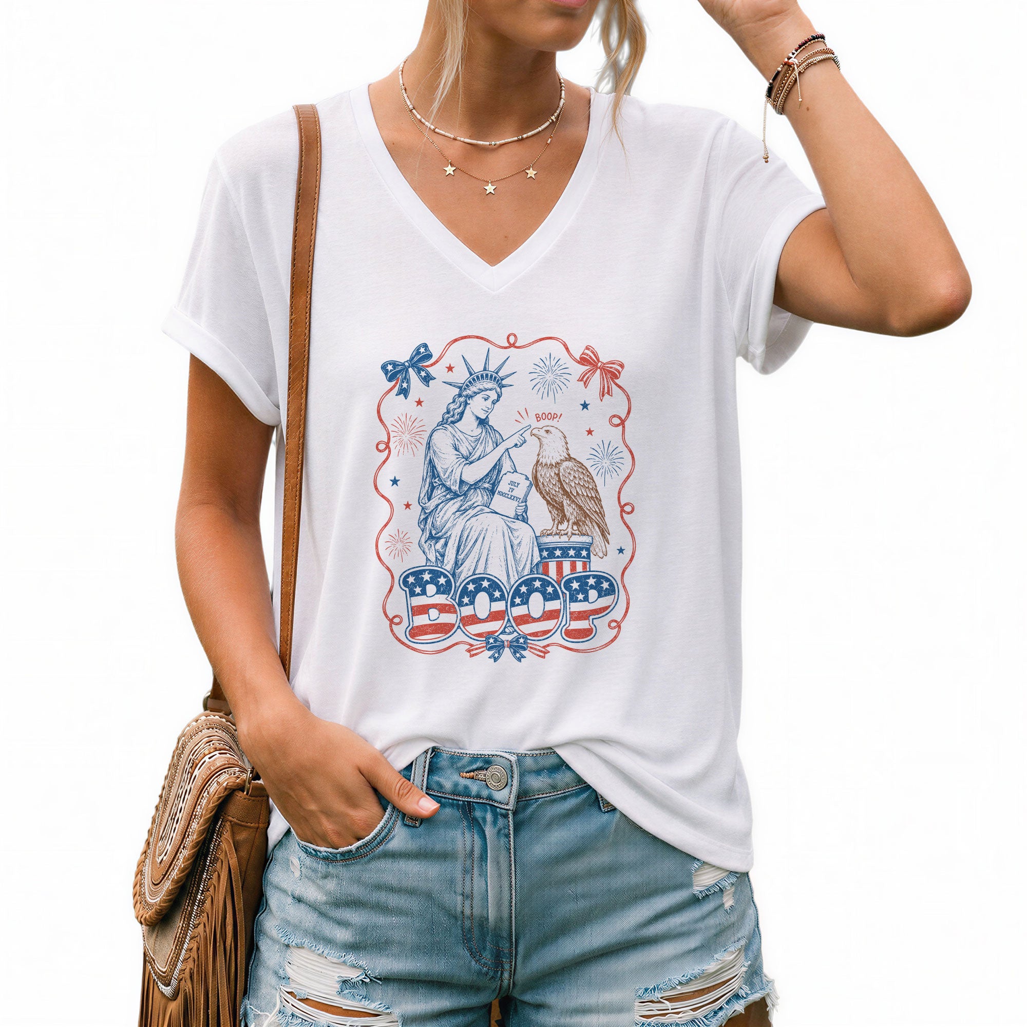 Boop Statue of Liberty V-Neck T-Shirt Women Patriotic Vintage Americana Graphic Tee