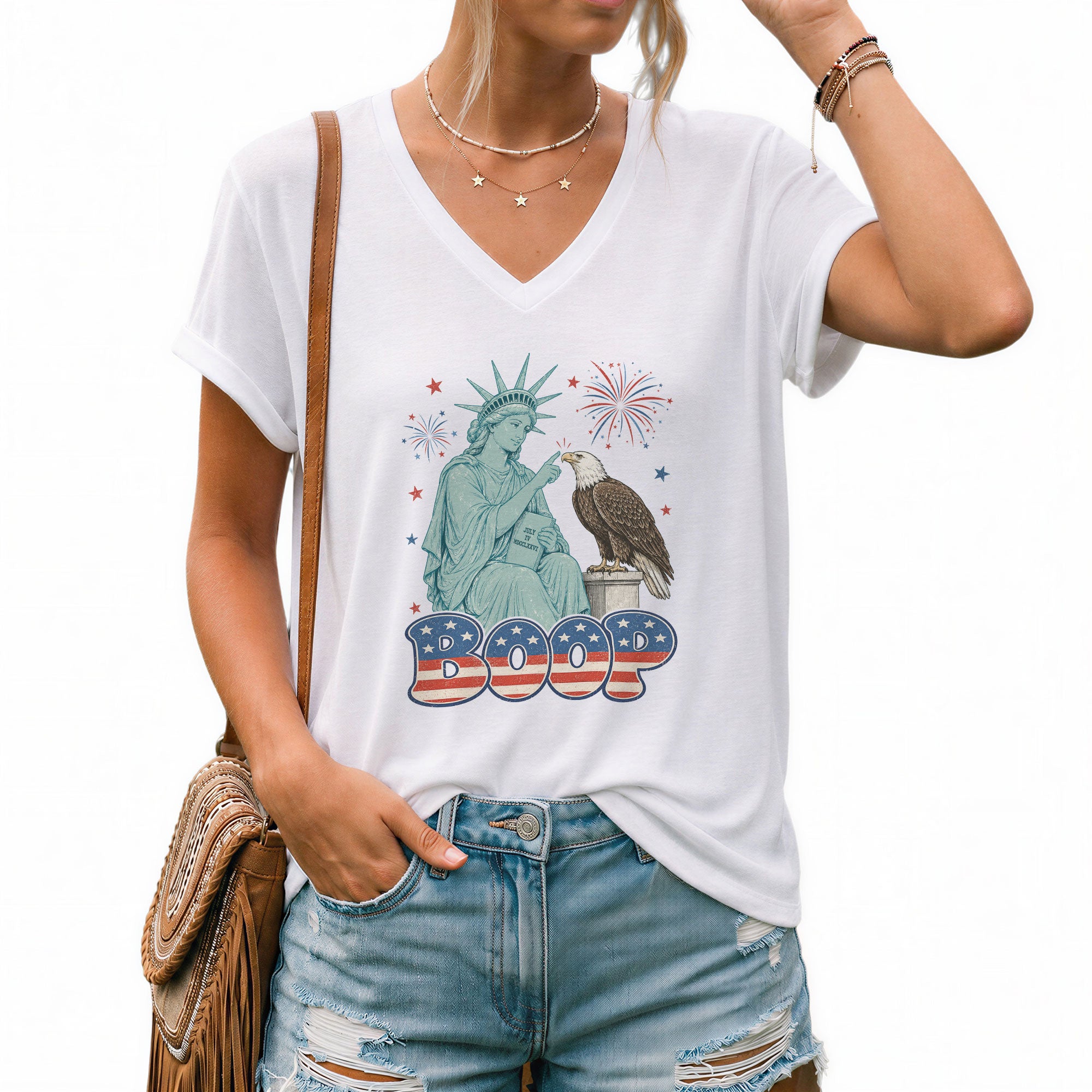 Boop Statue of Liberty Eagle V-Neck T-Shirt Women Patriotic Vintage Americana Tee