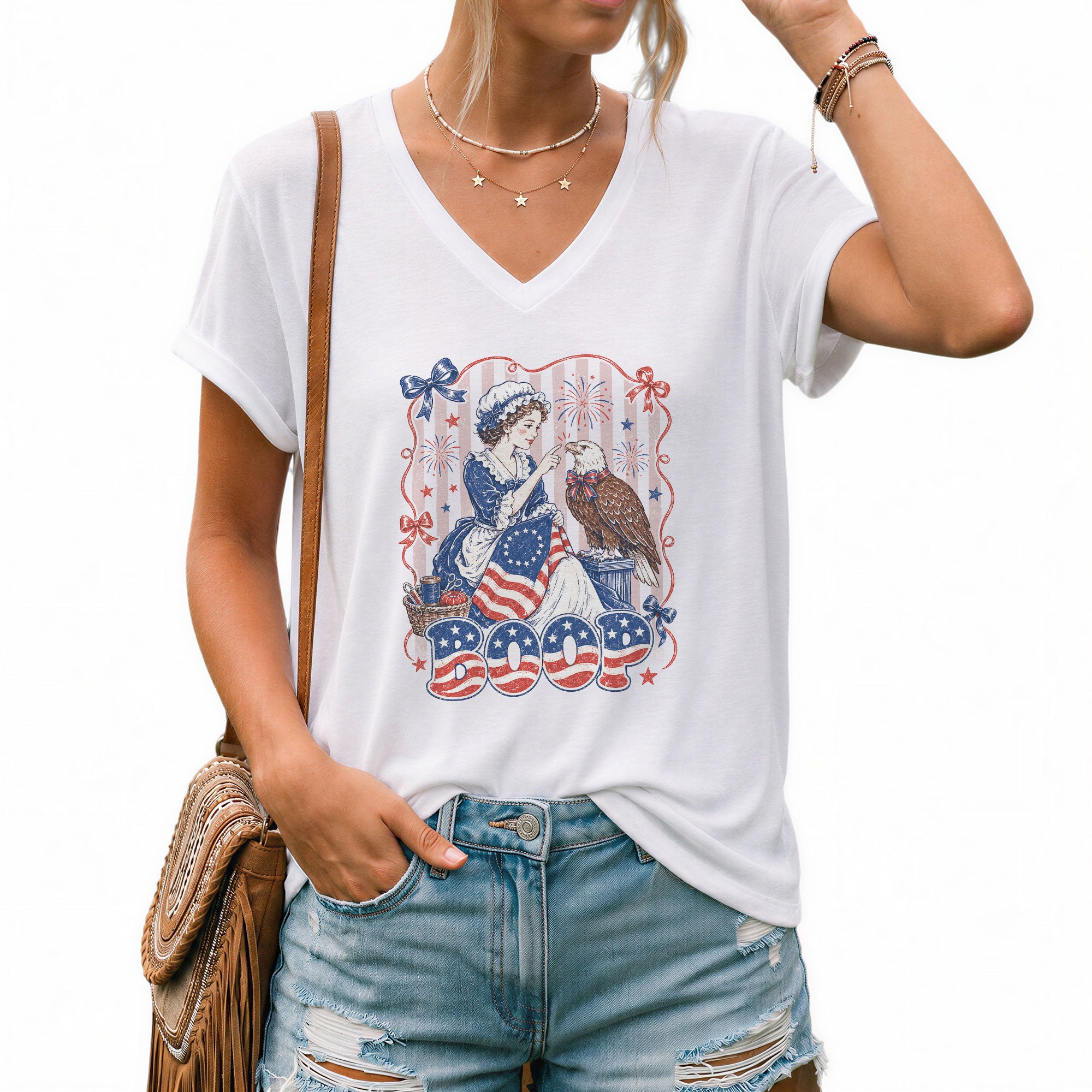 Boop Eagle V-Neck T-Shirt Women Patriotic Vintage Americana Lady Liberty Graphic Tee