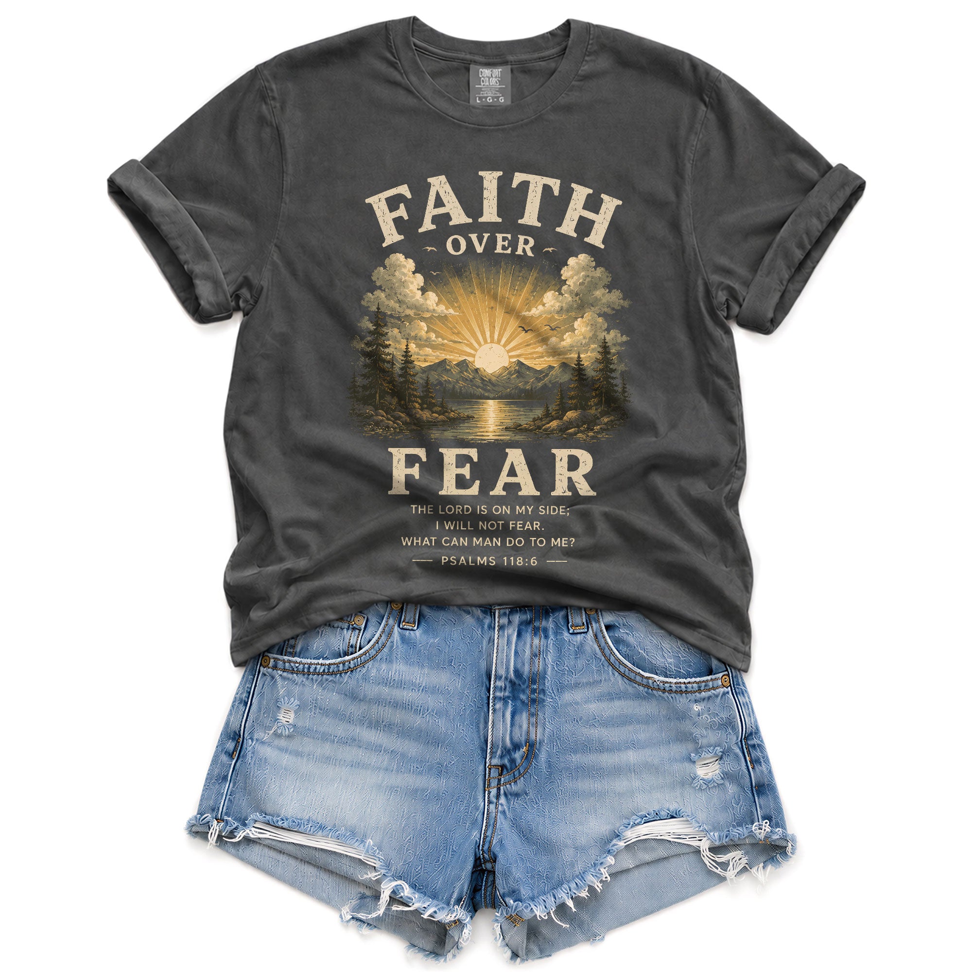 Faith Over Fear Christian Women Shirt Vintage Mountain Sunset Bible Verse T-Shirt