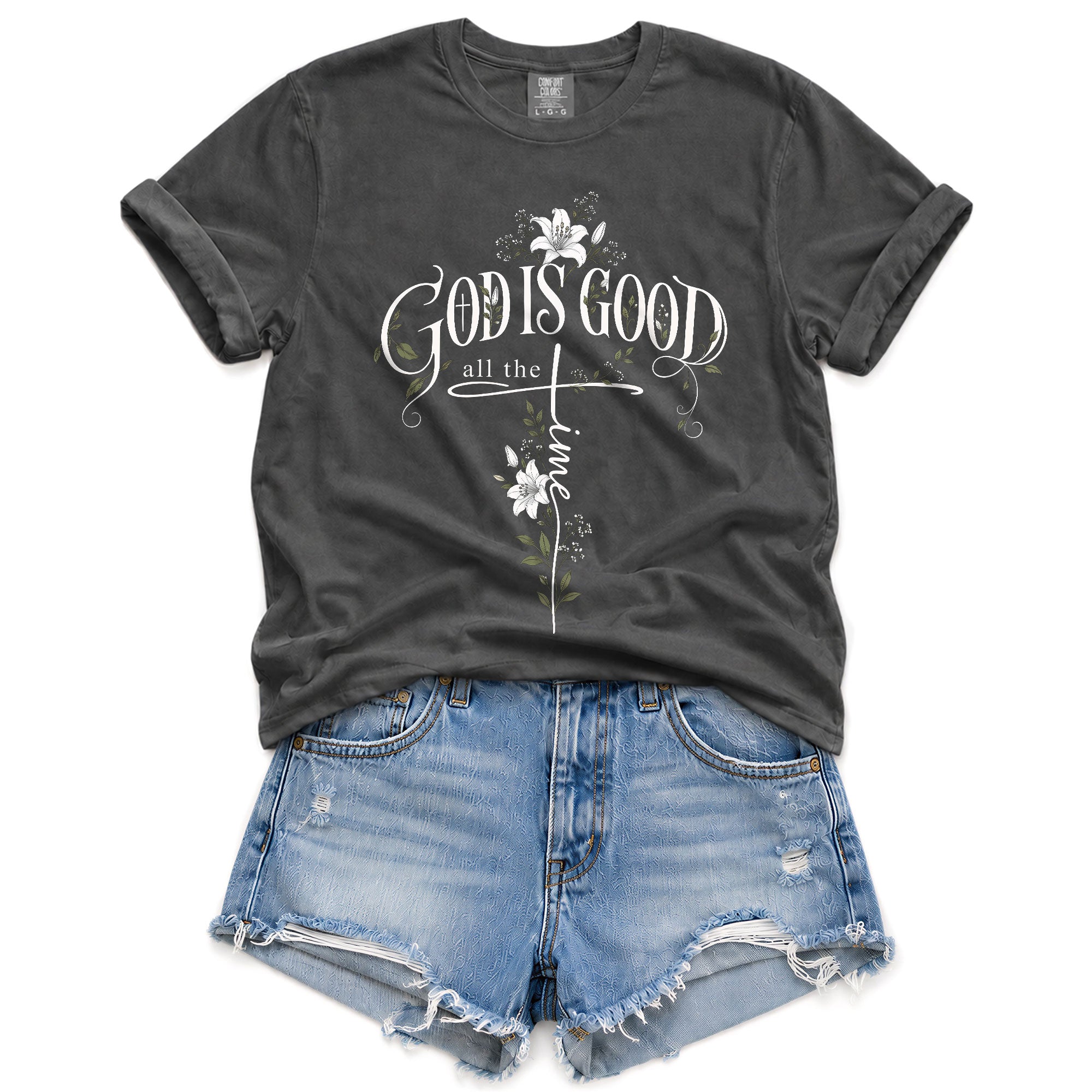 God Is Good All The Time Cross Floral Christian Graphic Casual Crewneck Tee Women