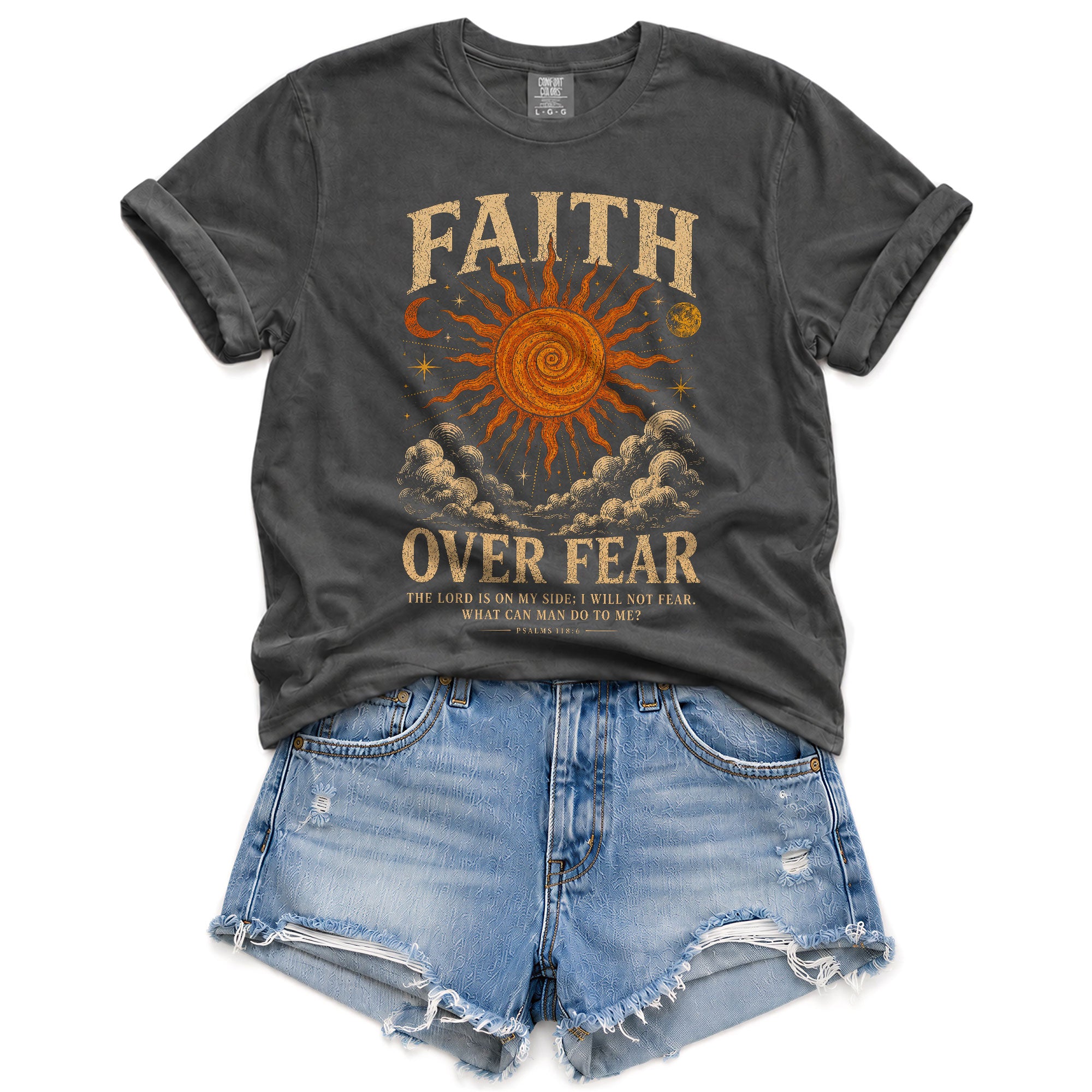 Faith Over Fear T Shirt Christian Women Sun Moon Clouds Psalm 118 6 Religious Tee