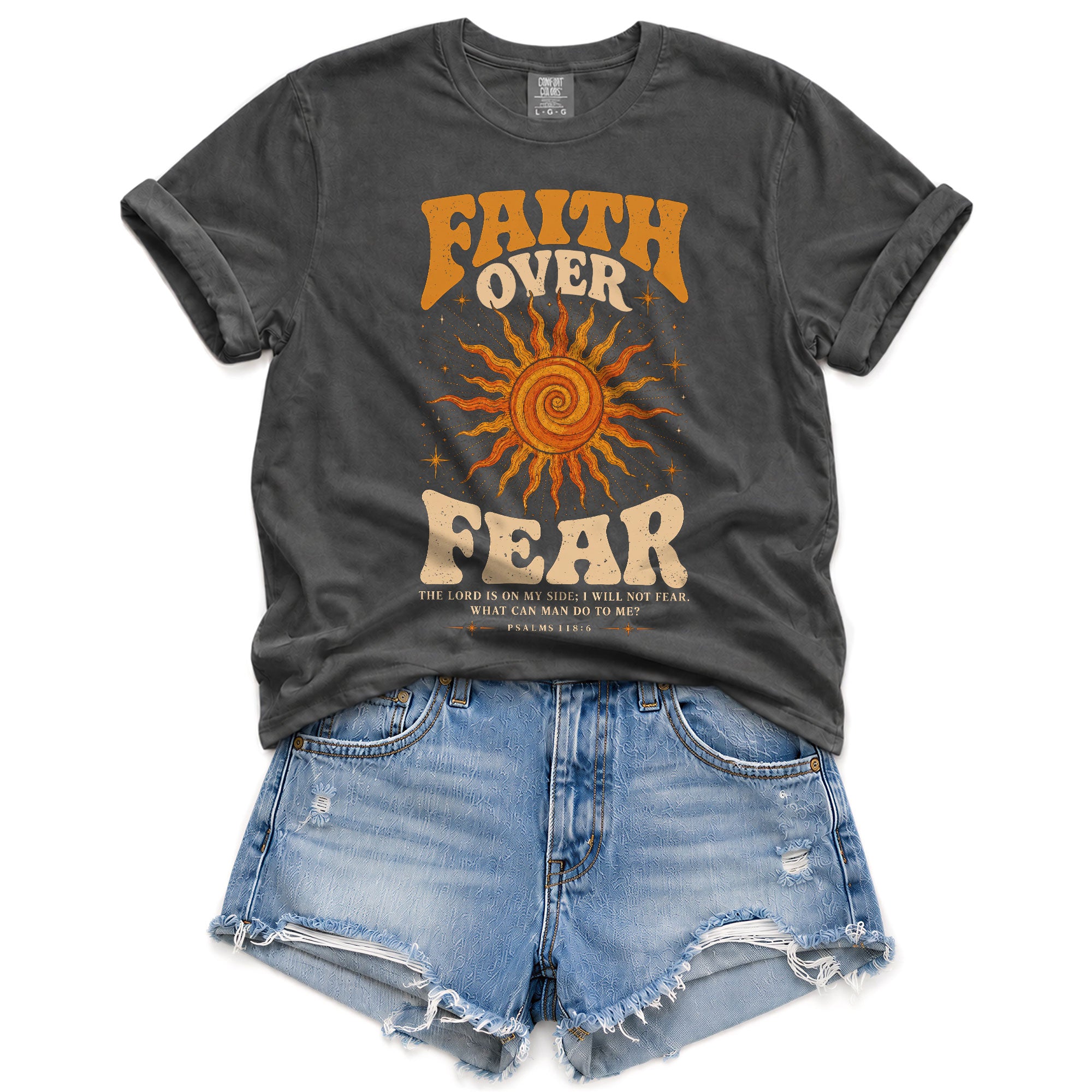 Faith Over Fear T Shirt Christian Women Retro Sun Stars Psalm 118 6 Religious Tee