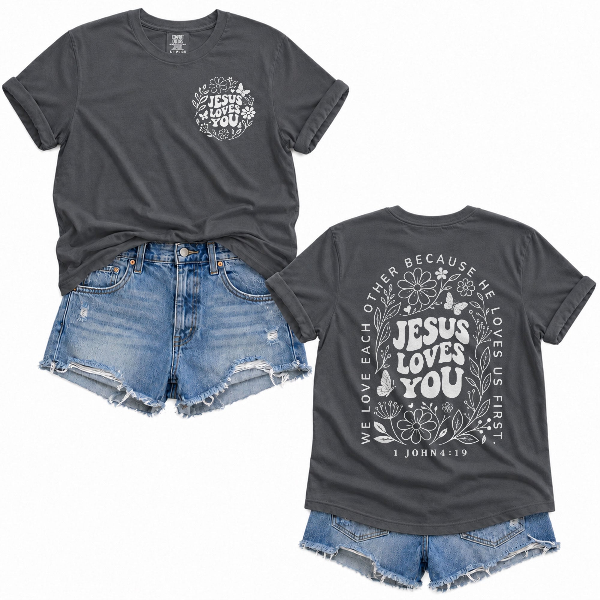 Jesus Loves You Retro Butterfly Floral 1 John 4 19 Christian T Shirt Apparel Women