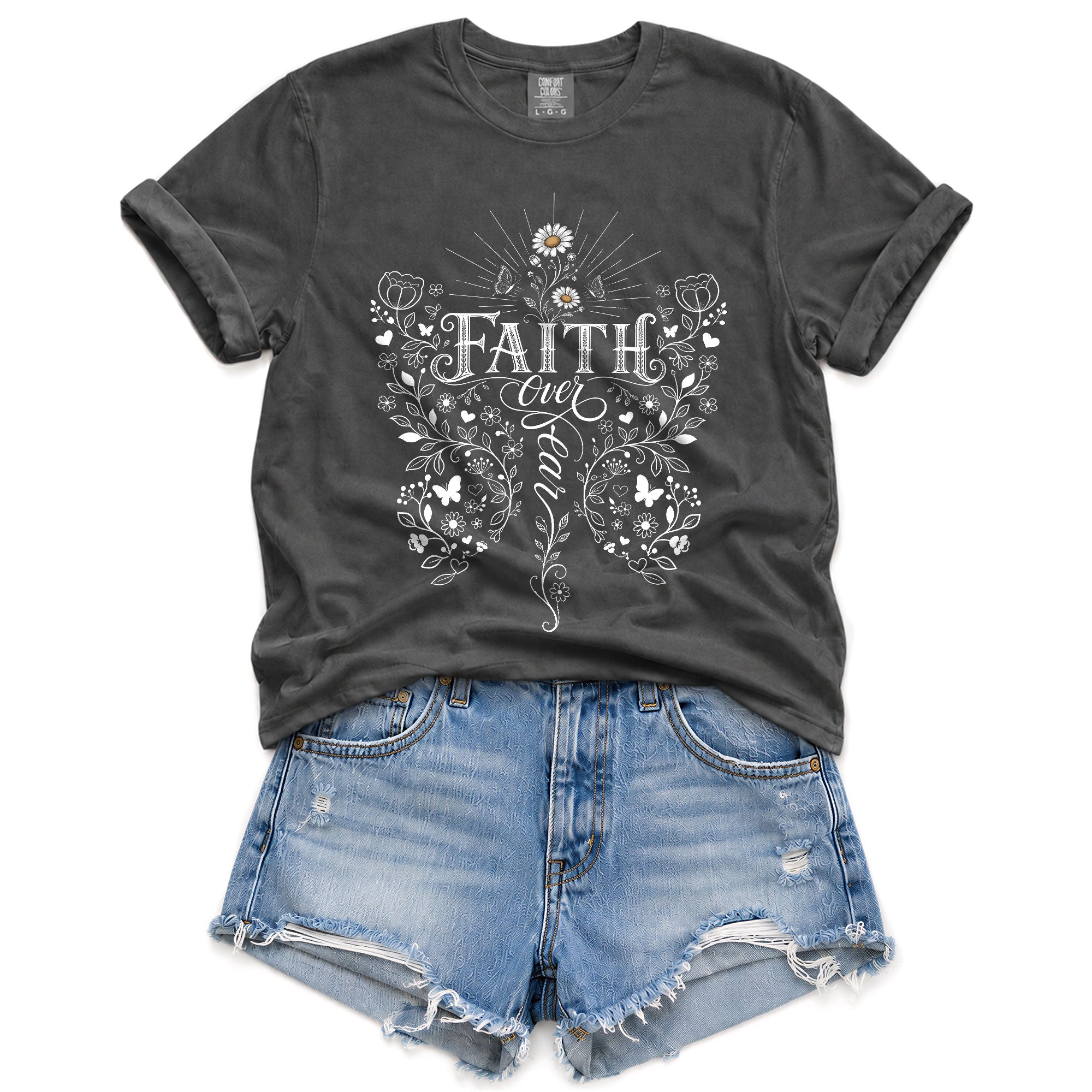 Faith Over Fear Butterfly Floral Christian Graphic Casual Crewneck Tee Shirt Women