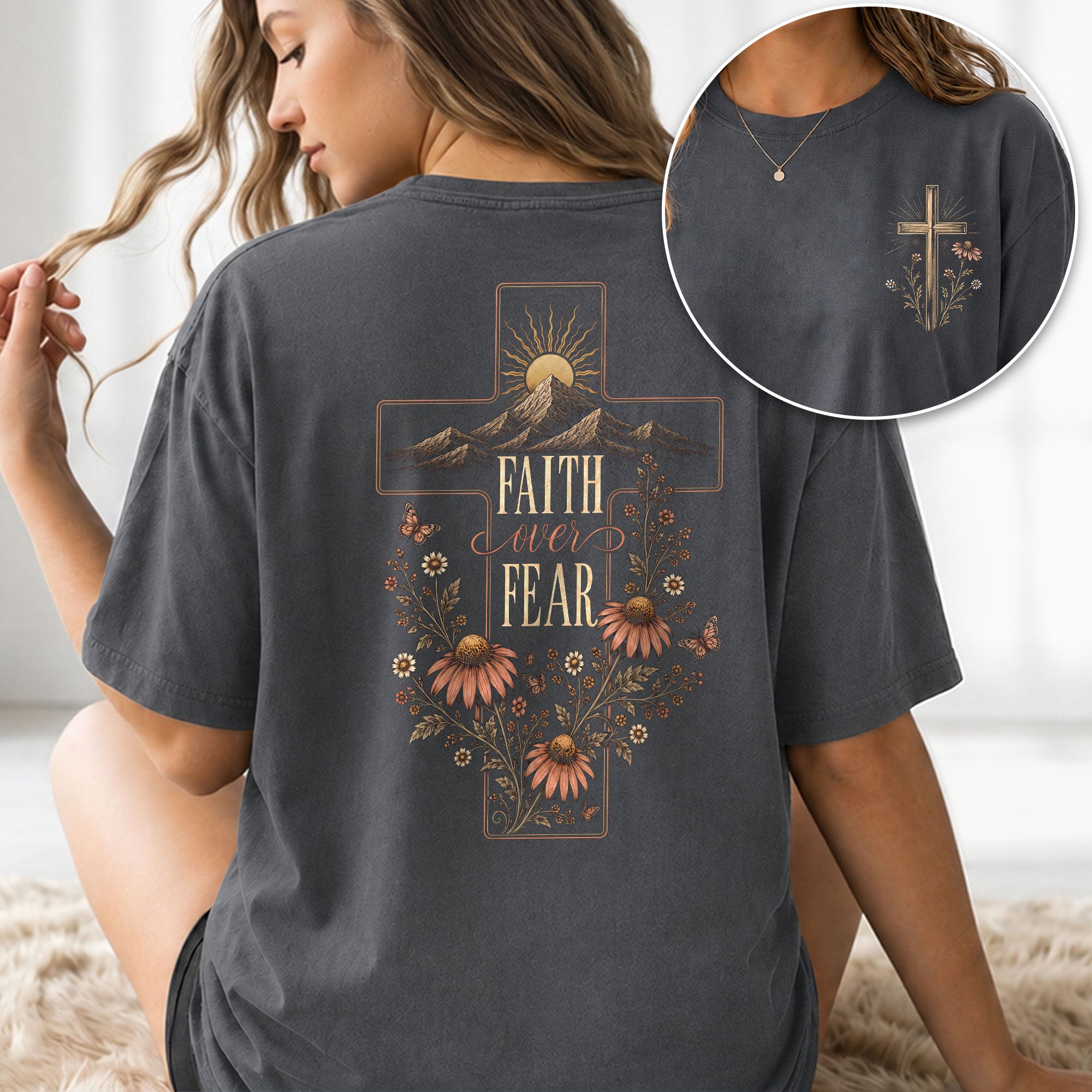 Faith Over Fear Mountain Cross Floral Christian Graphic Casual Crewneck Tee Women