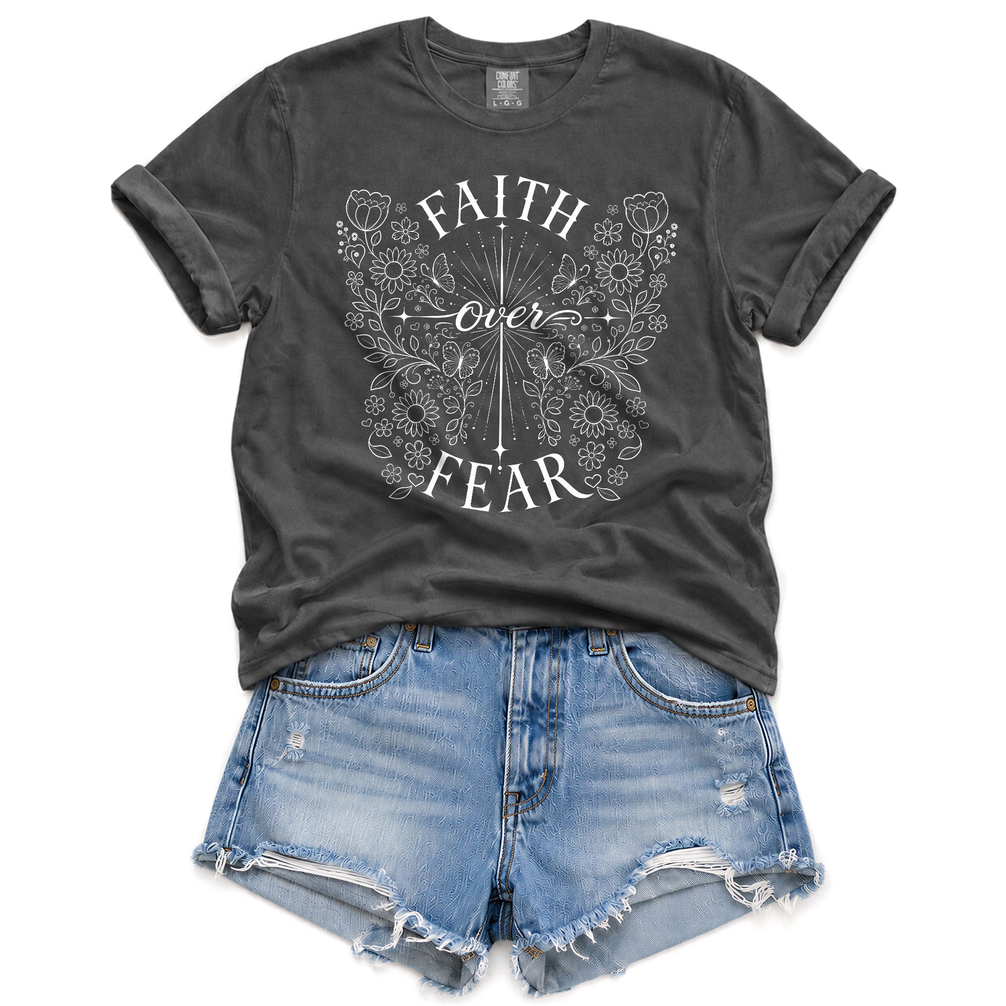 Faith Over Fear Shirt Christian Women Butterfly Floral Line Art Shirt Cross Jesus Graphic Tee