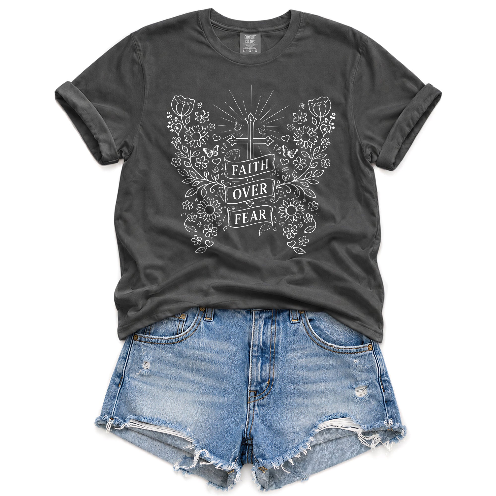 Faith Over Fear Shirt Christian Women Shirt Floral Butterfly Cross Aesthetic Jesus Tee