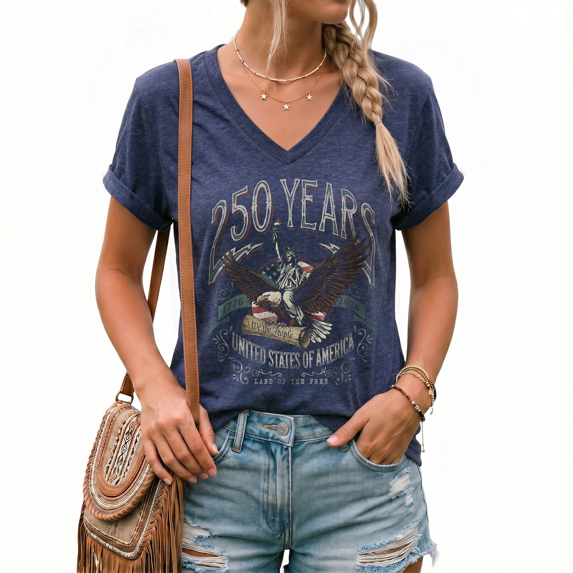 Womens 250 Years Liberty Eagle V Neck Shirt Vintage Patriotic 1776 2026 Graphic Tee
