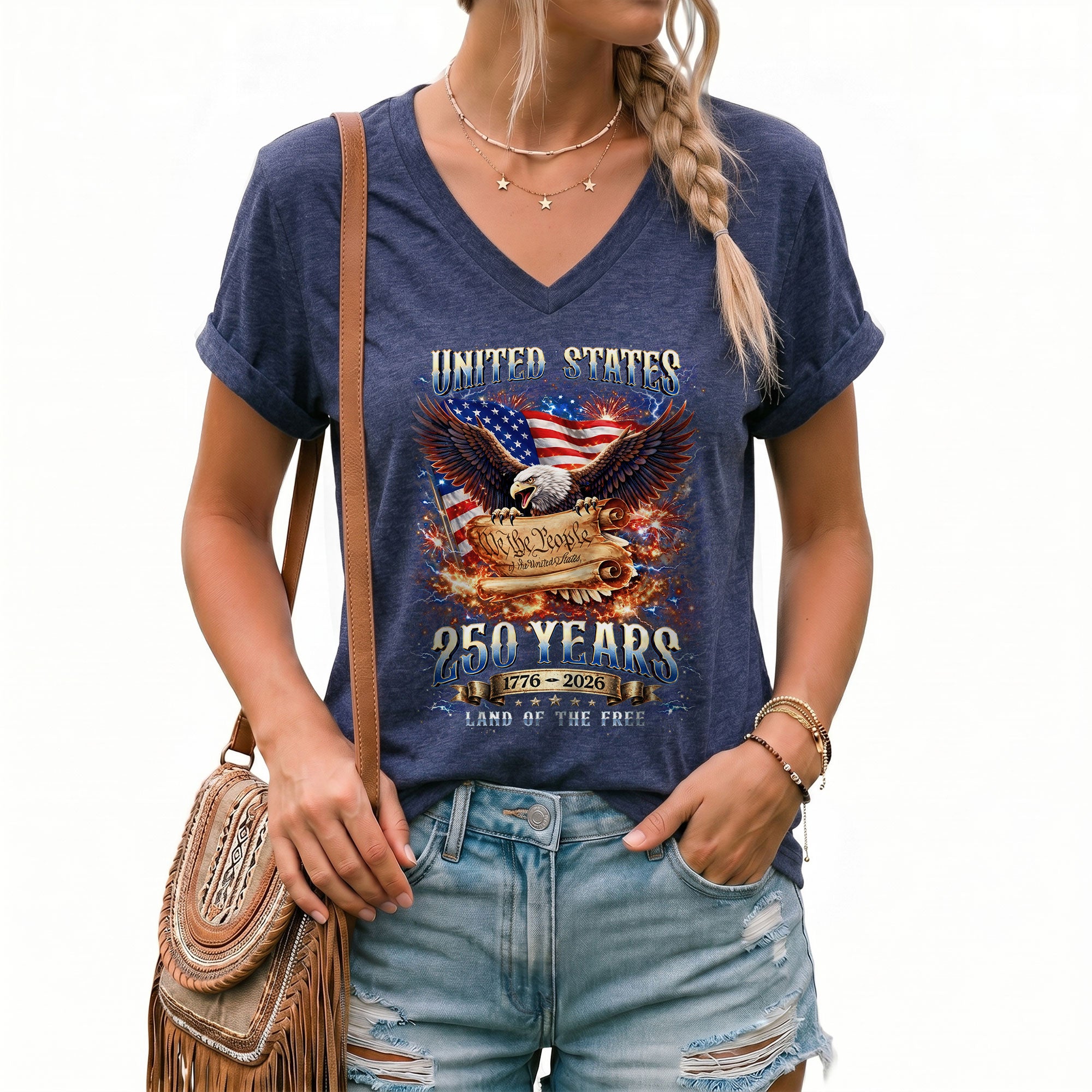 United States 250 Years Womens V Neck Shirt Retro We The People Firework Eagle Top