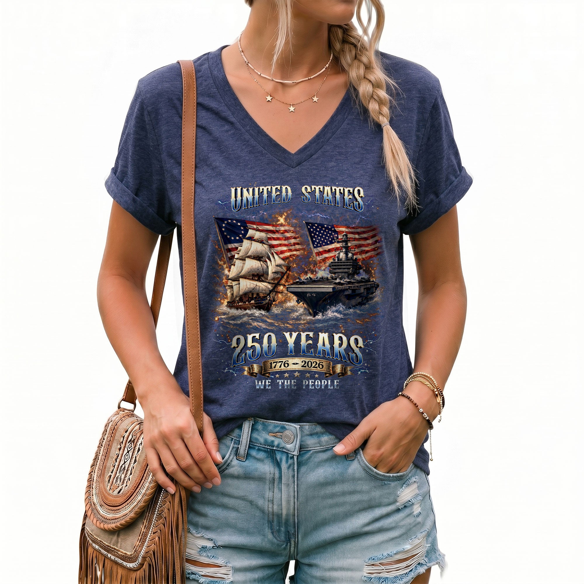Patriotic Ship Womens V Neck Shirt Cool Military Flag Vintage 250 Years 1776 2026 Tee