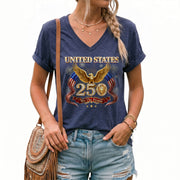United States 250 Year Anniversary T Shirt Patriotic American V Neck Graphic Tee Unisex
