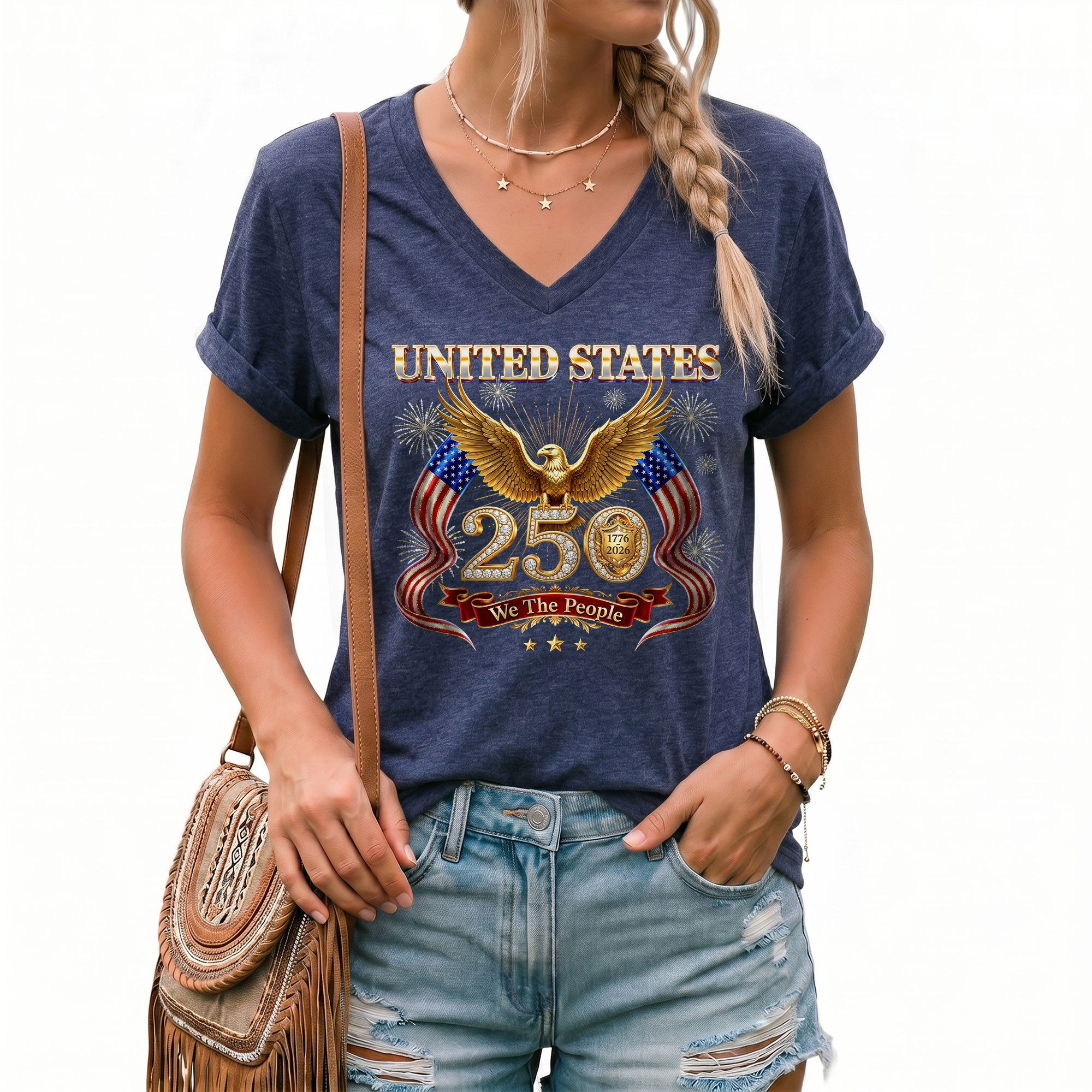 United States 250 Year Anniversary T Shirt Patriotic American V Neck Graphic Tee Unisex