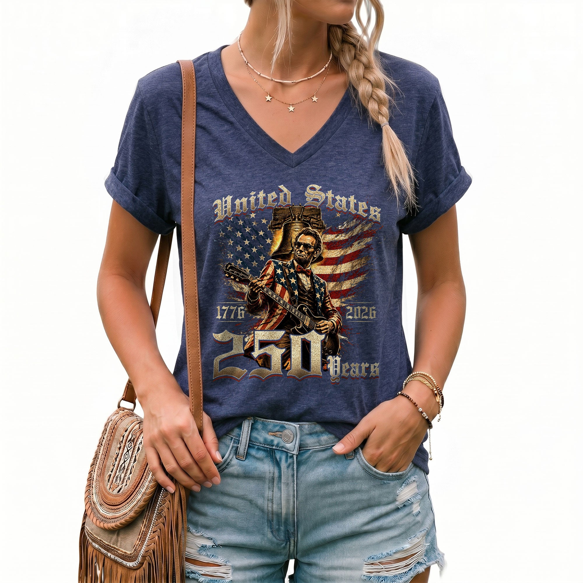 Lincoln Guitar V Neck Women T-Shirt Retro Aesthetic Patriotic 1776-2026 America 250 Years