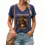 Liberty Bell Guitar V Neck Women T-Shirt Patriotic 1776-2026 America 250 Years Black Tee