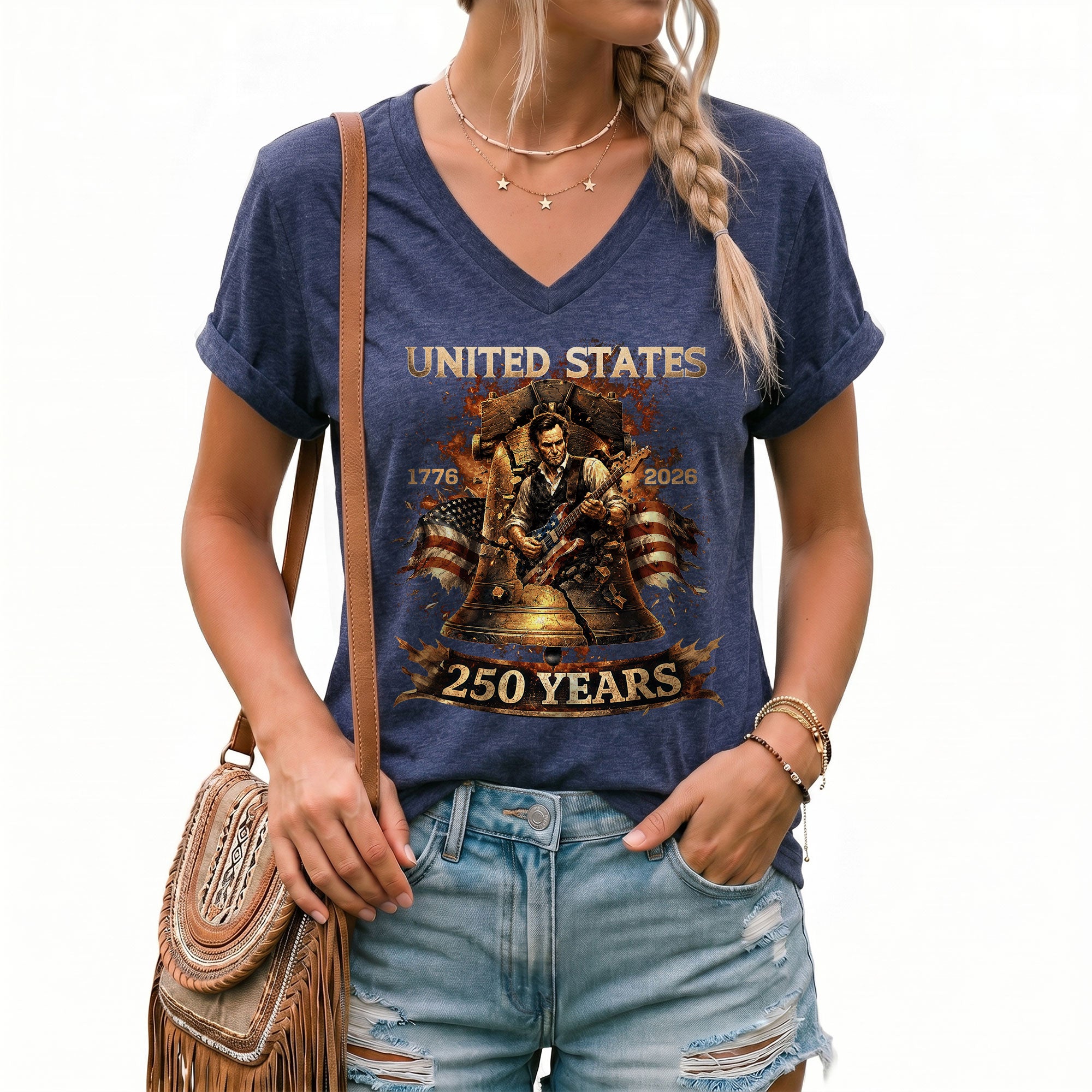 Liberty Bell Guitar V Neck Women T-Shirt Patriotic 1776-2026 America 250 Years Black Tee