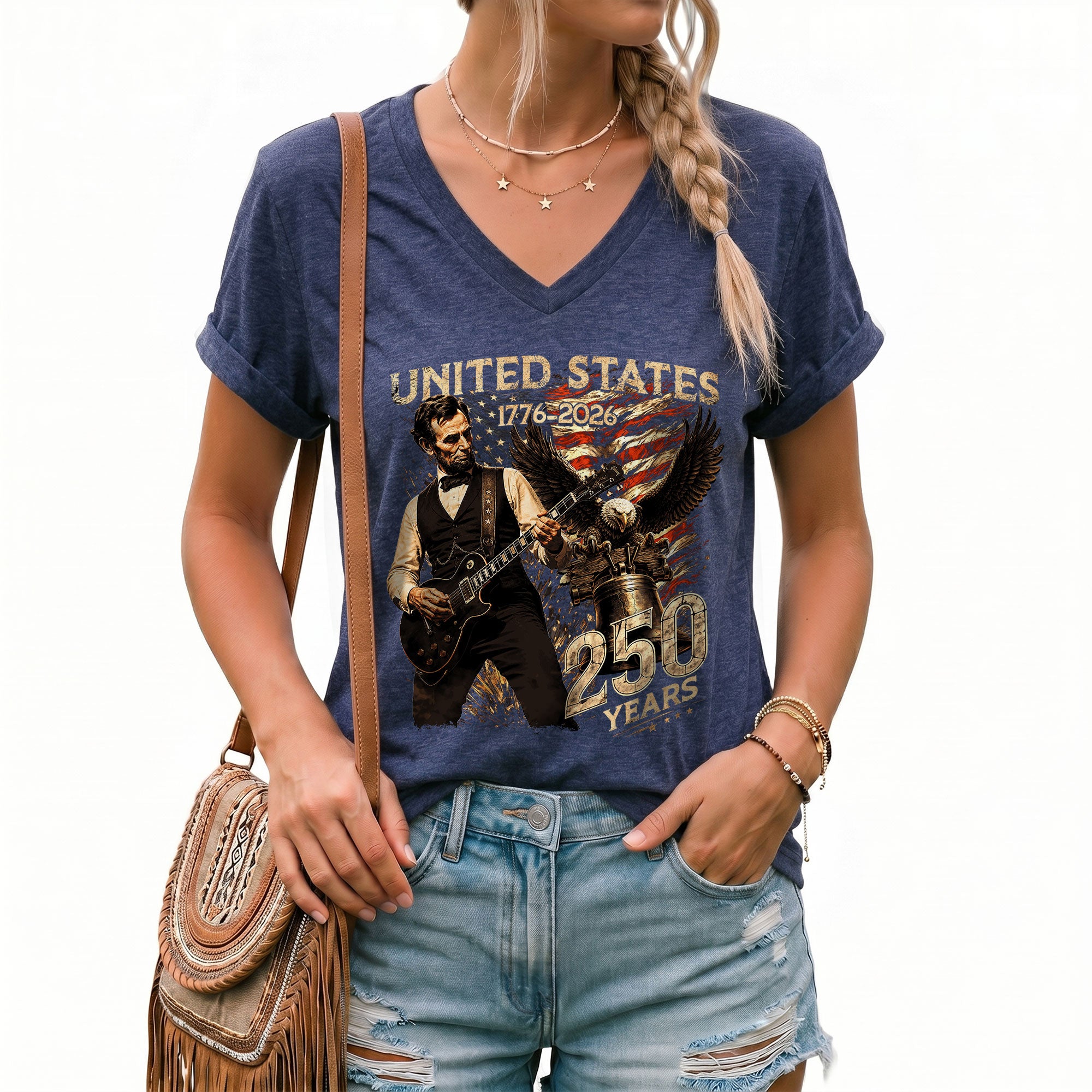 Vintage Lincoln V-Neck Shirt Patriotic Eagle 1776-2026 America 250 Years Women