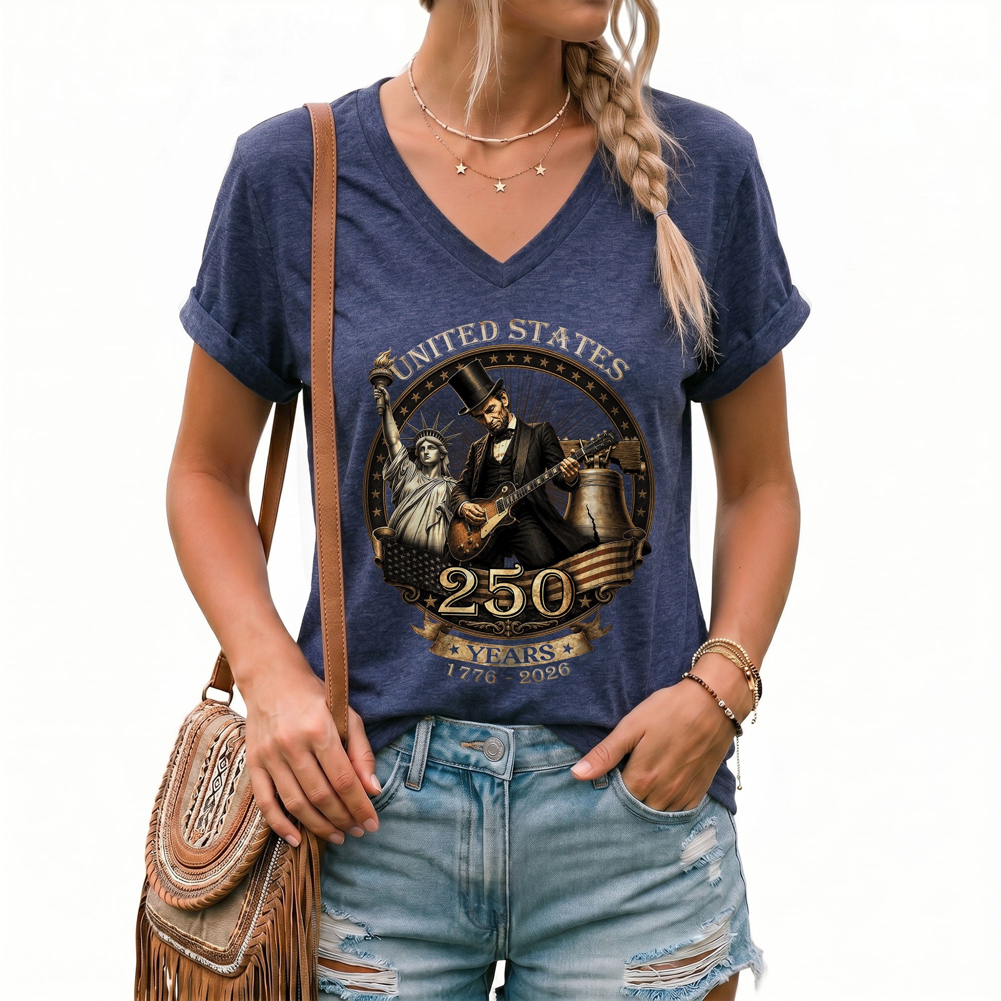 Lincoln Guitar V-Neck Shirt Soft Graphic Tee Patriotic 1776-2026 America 250 Years