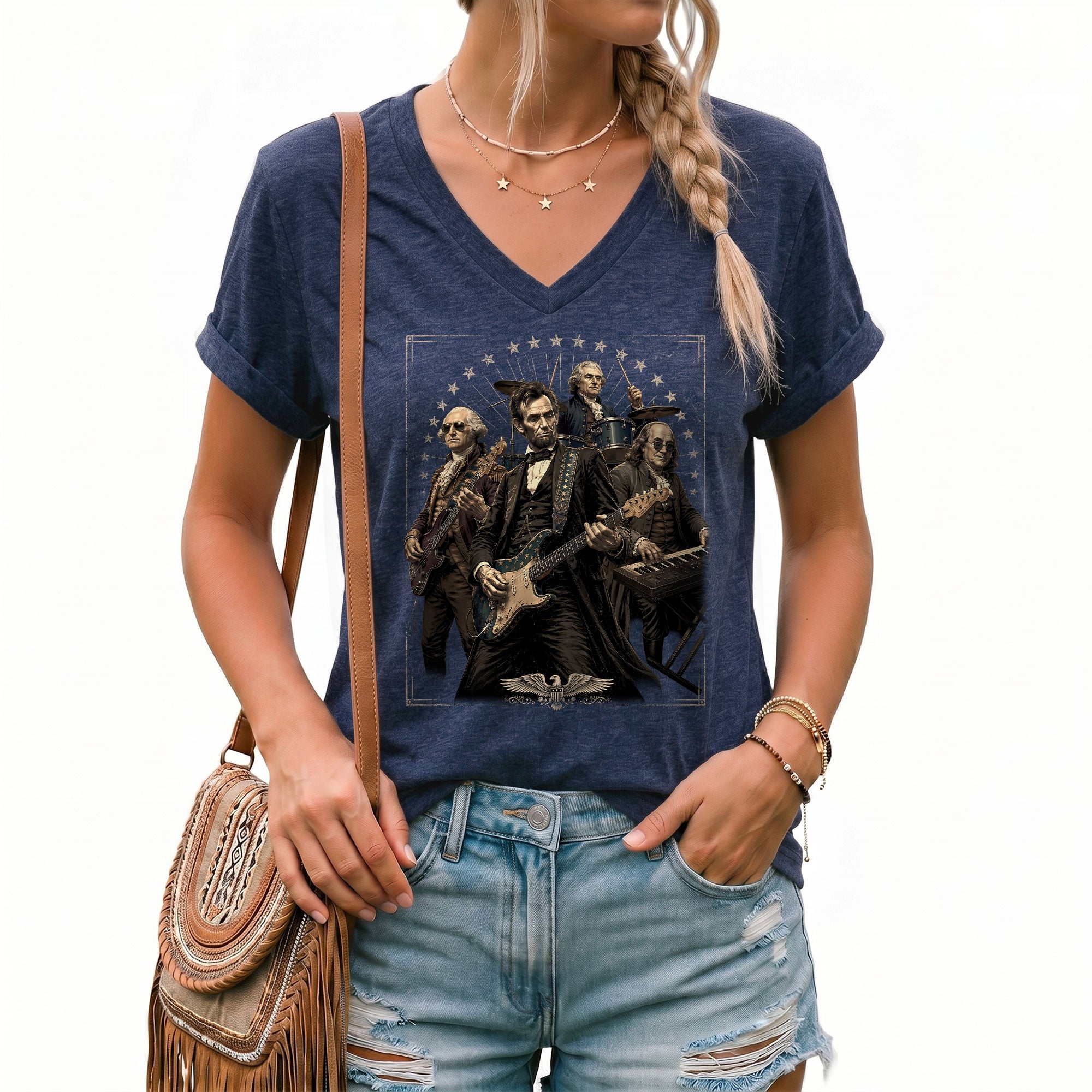 US Founding Fathers Rock Band V-neck Shirt - Vintage American Patriotic Graphic Tee