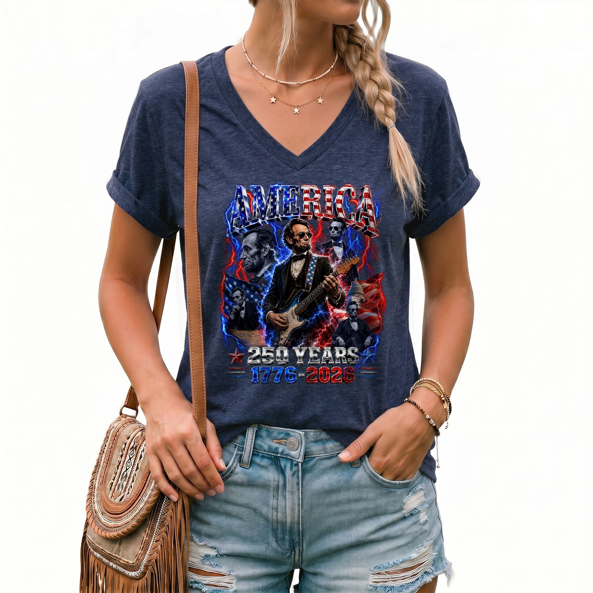 Patriotic Abraham Lincoln Rock Guitar V-neck Shirt - 1776-2026 Historical Graphic Tee