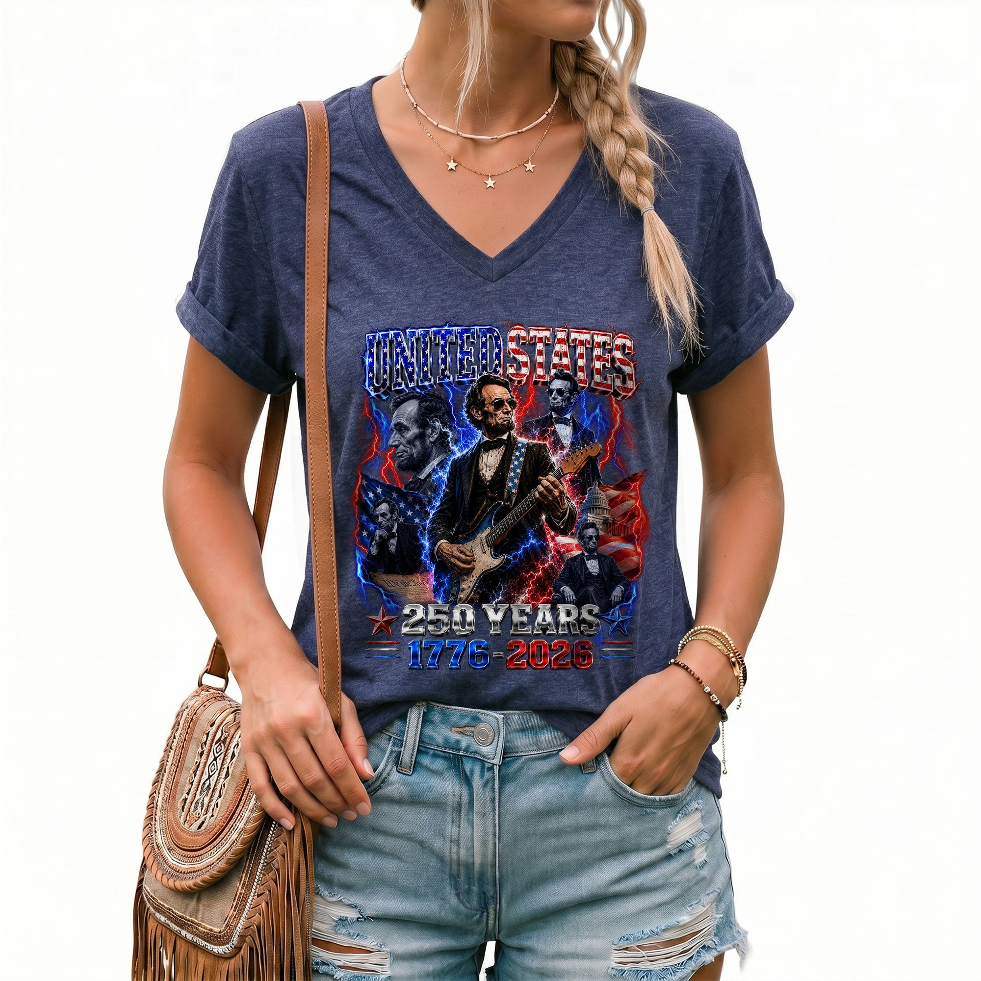Patriotic Abraham Lincoln Rock Guitar V-neck Shirt - 1776-2026 Historical Graphic Tee