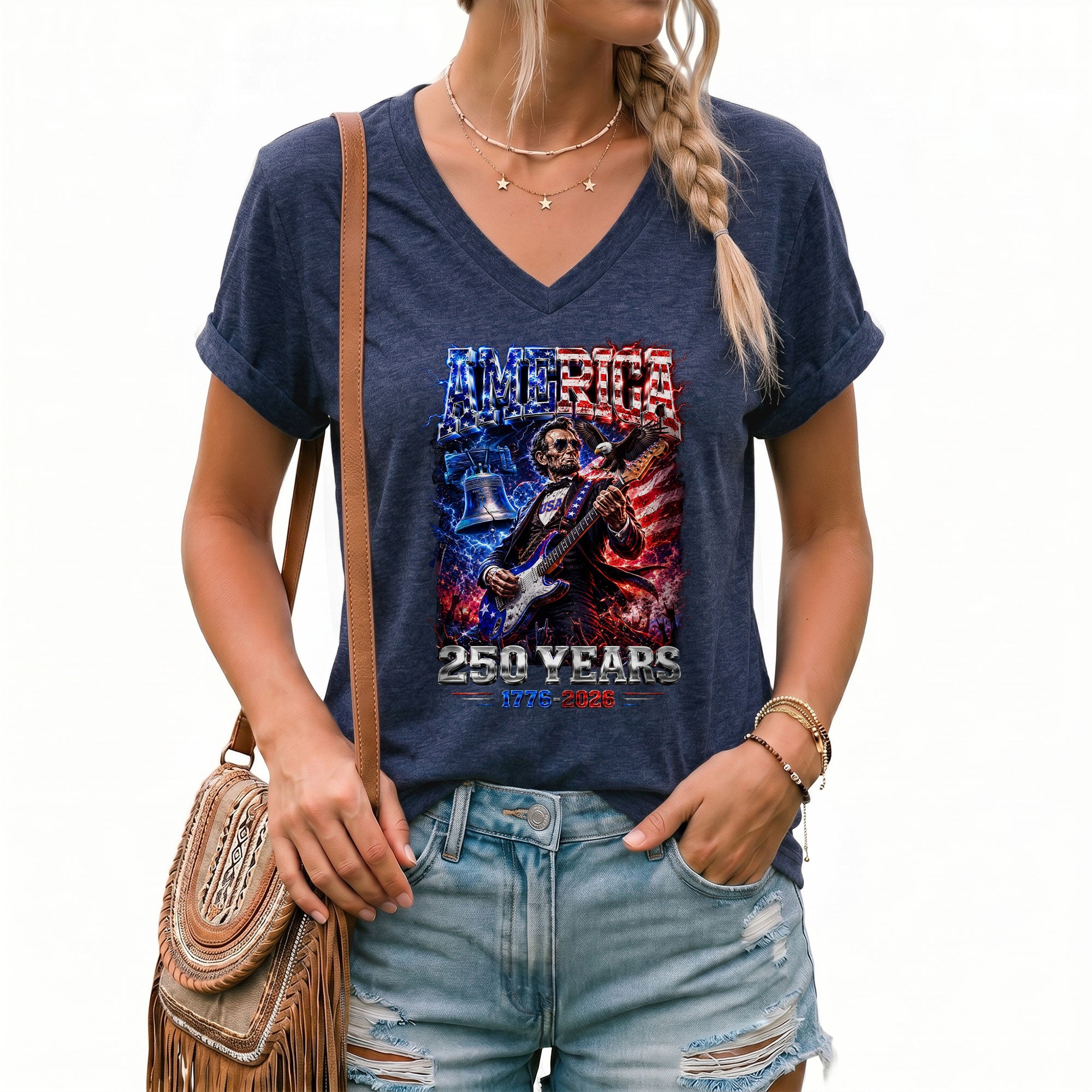 Vintage Abraham Lincoln Rocker V-neck Shirt - Patriotic USA 1776-2026 Graphic Apparel