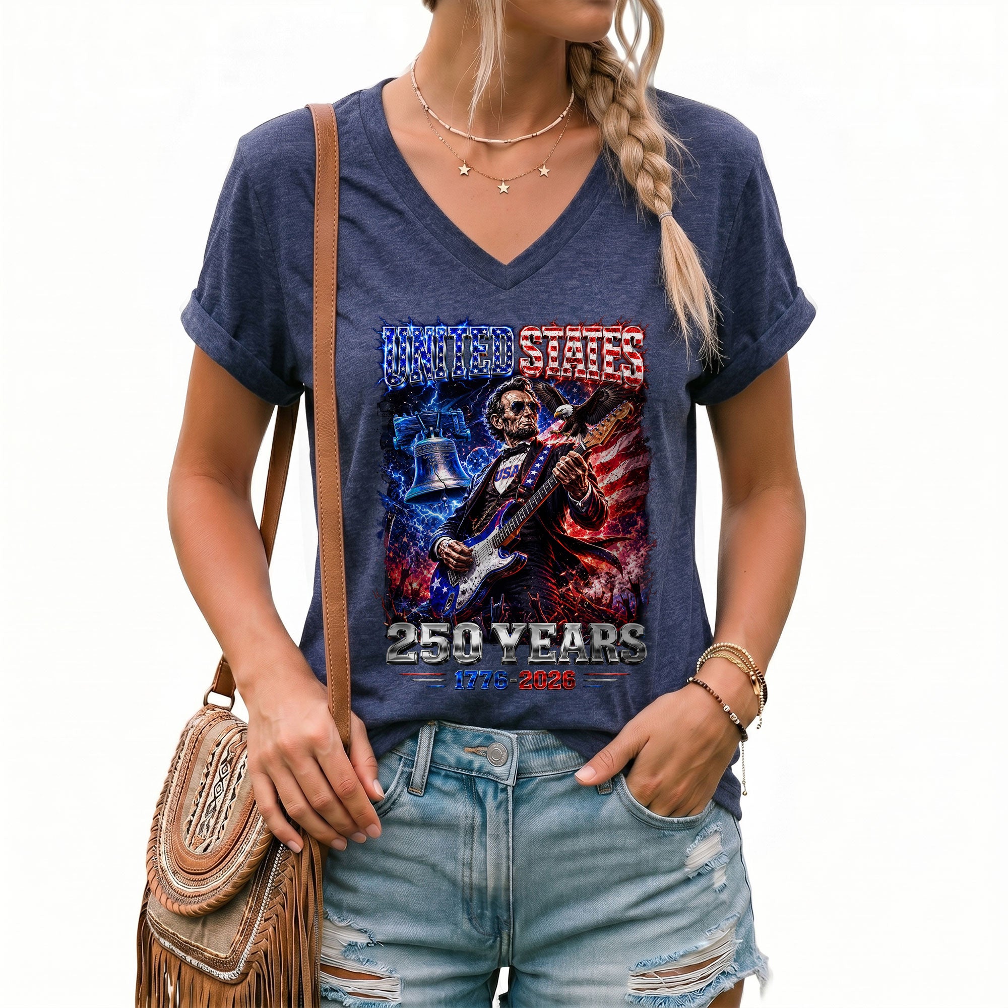 Vintage Abraham Lincoln Rocker V-neck Shirt - Patriotic USA 1776-2026 Graphic Apparel