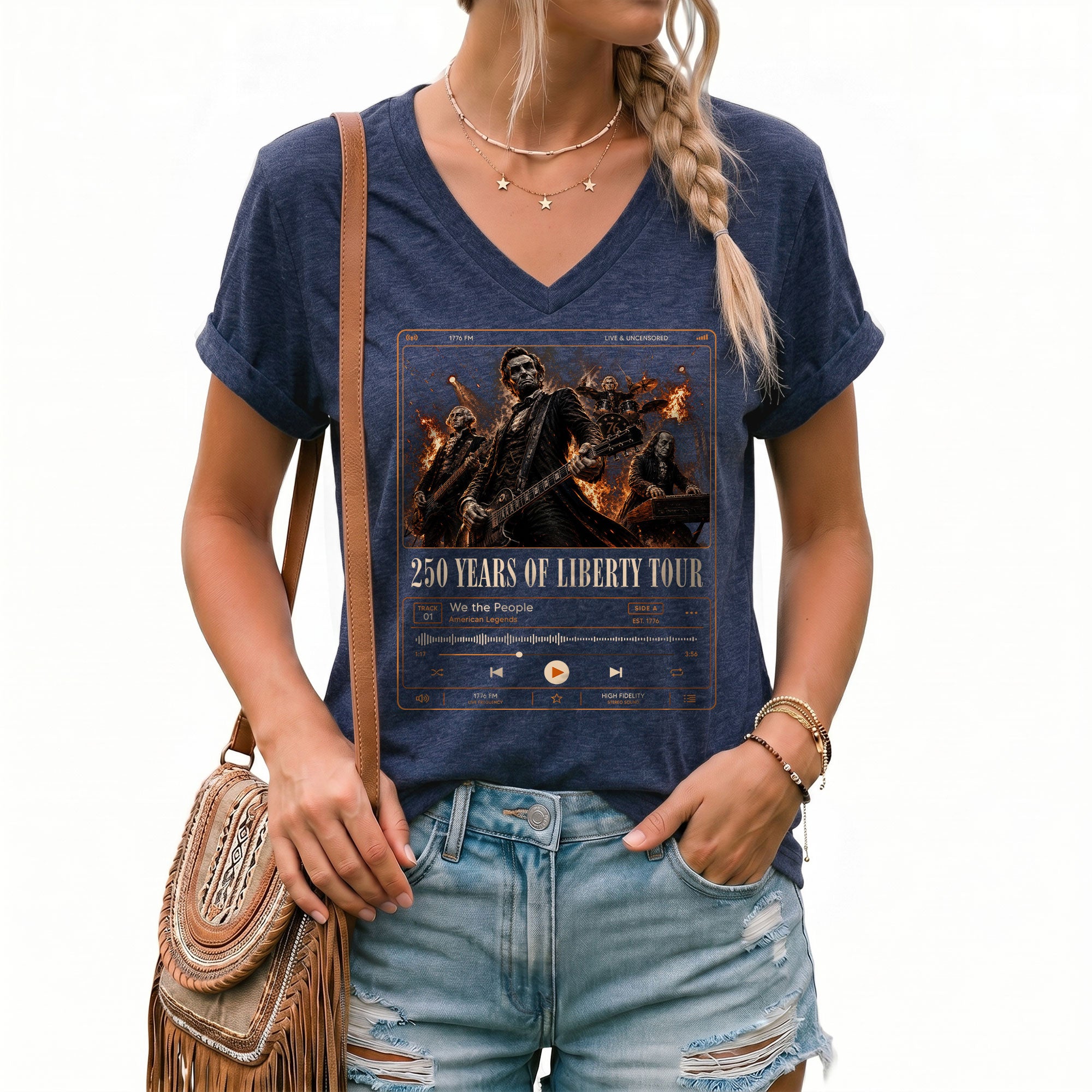 Historic Liberty Tour Rock Band V-neck Shirt - Patriotic American Graphic Apparel Tee