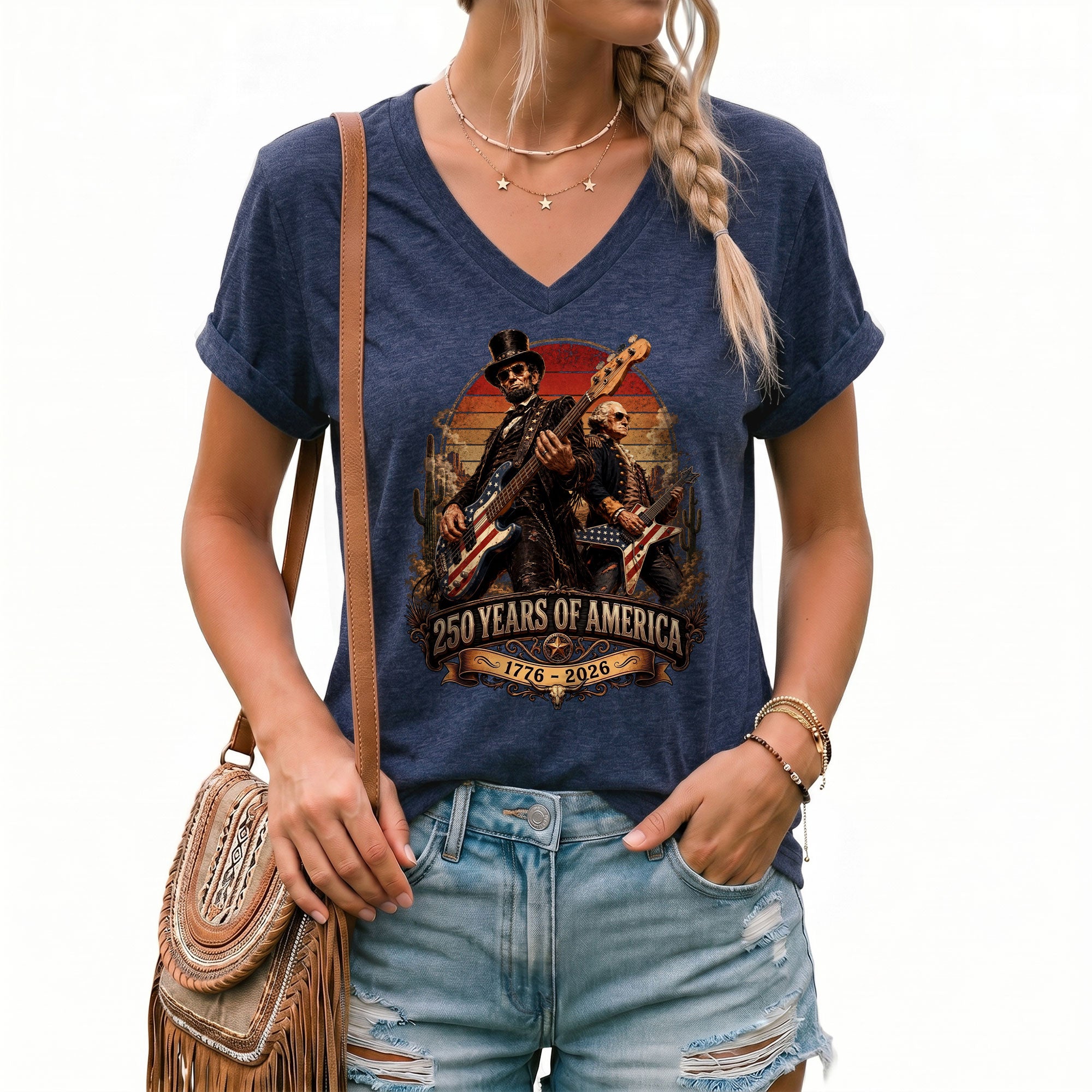 250 Years of America Rocking Icons V-neck Shirt - Vintage Patriotic Music Graphic Tee