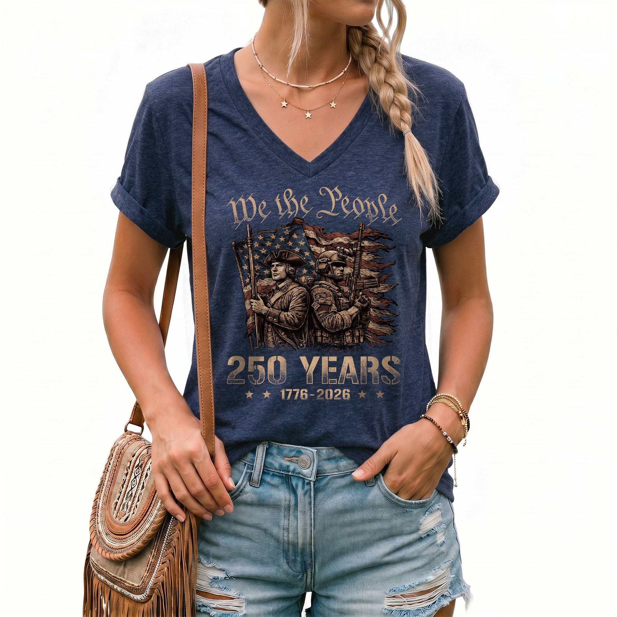 Women's V-Neck Patriotic Tee We The People Soldier Graphic 1776-2026 Historical Shirt