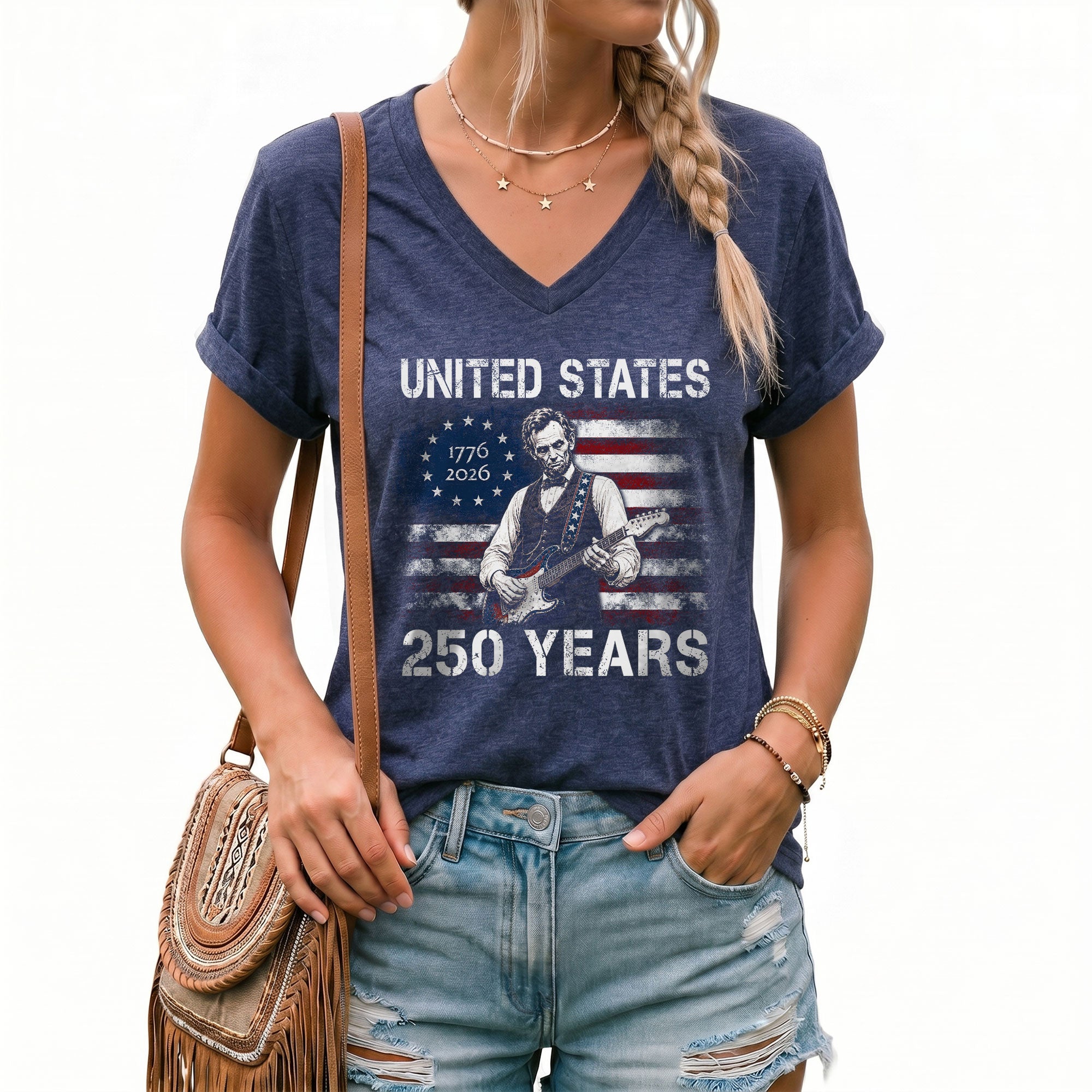 Rock Lincoln 1776-2026 Patriotic V-Neck T-Shirt - Women's Graphic Summer Casual Tee