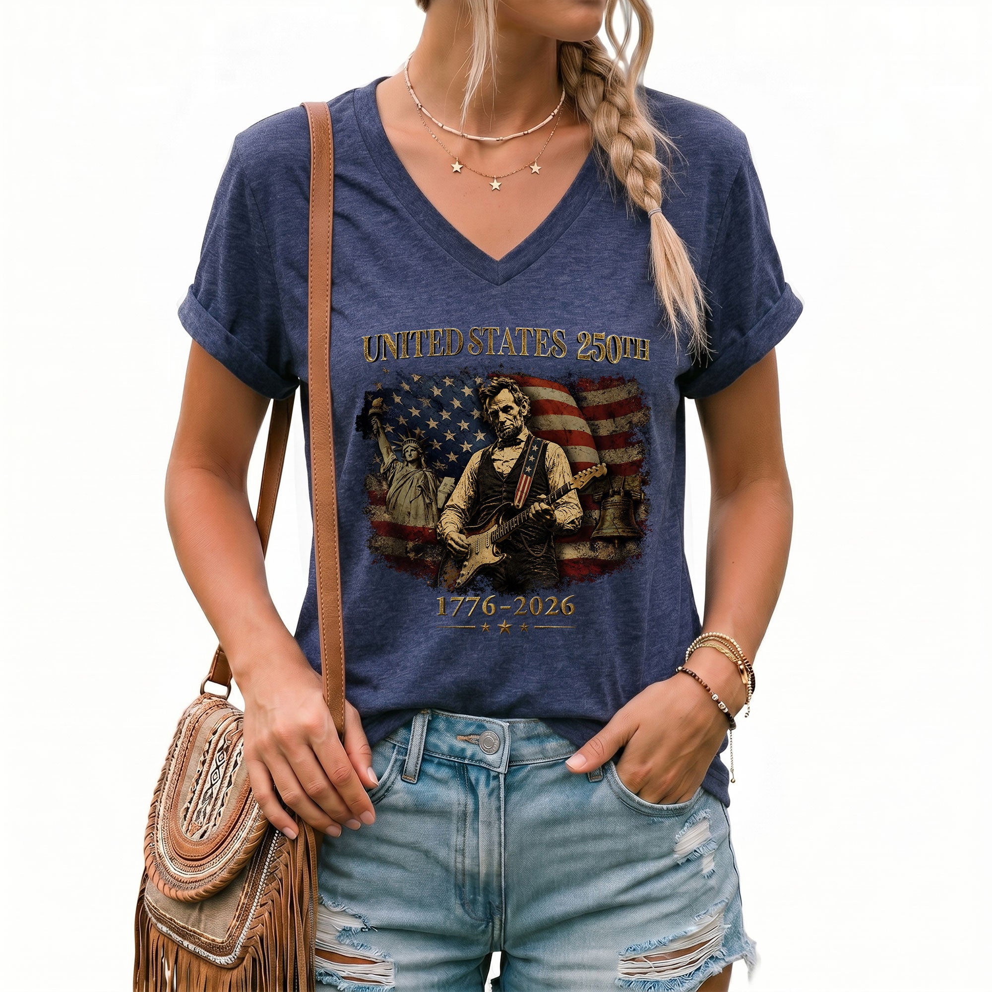 Statue of Liberty Lincoln V-Neck Shirt Vintage 1776-2026 America 250th Women Tee