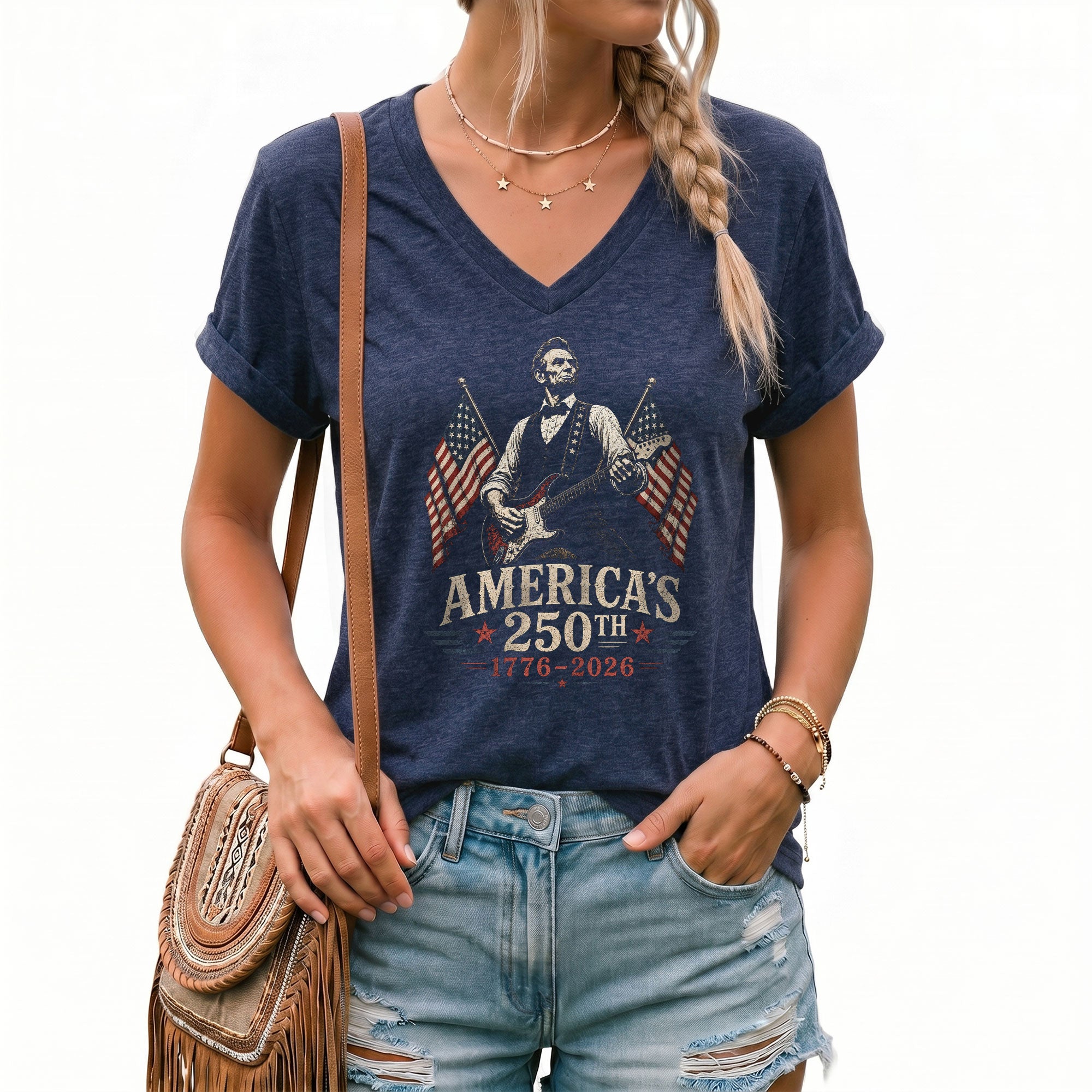 Women's V-Neck Patriotic Tee Abraham Lincoln Guitarist 1776-2026 Anniversary Shirt