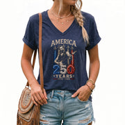 Patriotic V-Neck T-Shirt Women Lincoln Playing Guitar 1776-2026 Jet Graphic Top